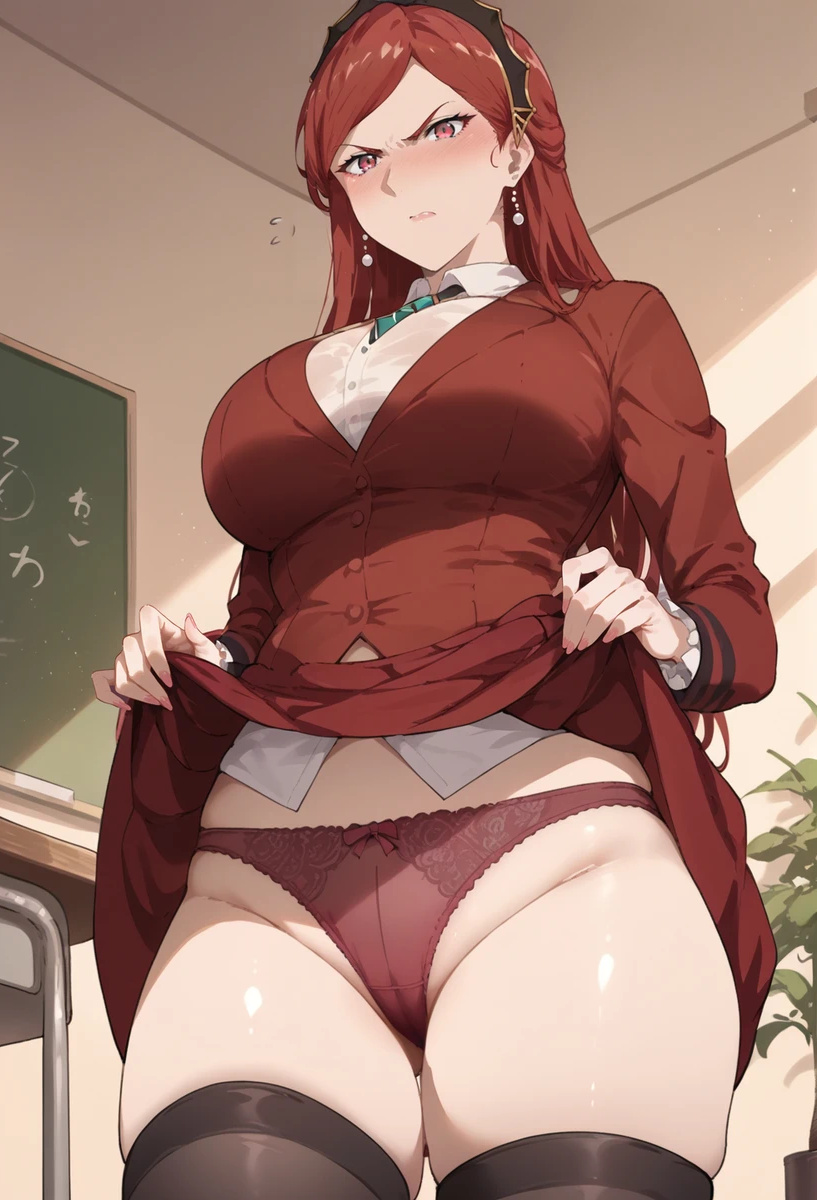 ai_generated angry_expression bare_thighs blush embarrassed gigantic_breasts hilda_boreas_greyrat huge_breasts huge_thighs light-skinned_female light_skin long_hair looking_down low-angle_view massive_breasts mature_female milf mushoku_tensei panties pink_eyes red_hair skirt_lift solo_female squatting stockings sweat sweatdrop teacher thick_body thick_female thick_thighs thighs upskirt voluptuous voluptuous_female xd696969