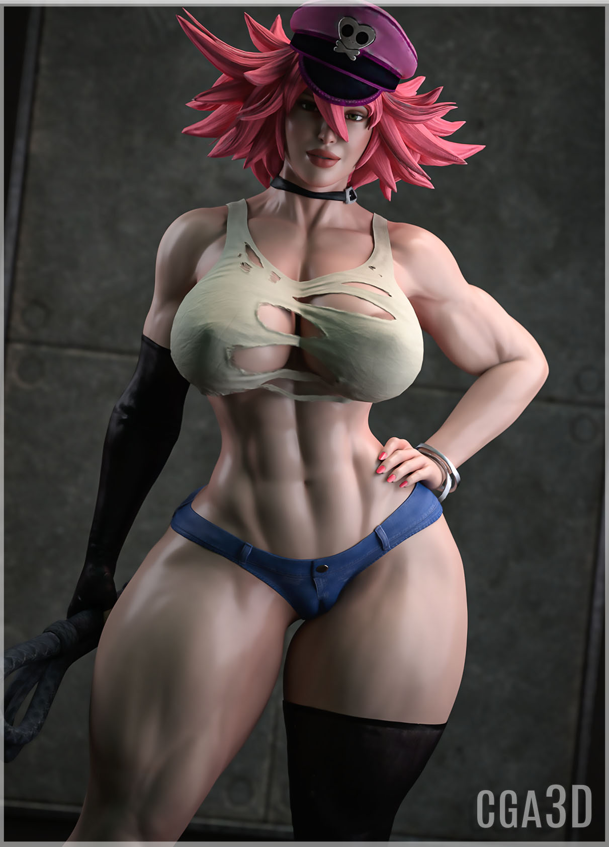 1girls 3d abs big_breasts blue_denim_shorts blue_eyes breasts busty capcom cga3d choker cutoff_shorts denim_shorts erotichris female female_only final_fight fingerless_gloves hat hourglass_figure long_hair looking_at_viewer midriff muscles muscular muscular_female navel one_glove pink_hair poison_(final_fight) revealing_shorts short_shorts solo solo_female standing street_fighter street_fighter_v tagme thick_thighs toned toned_female white_tank_top white_topwear wide_hips