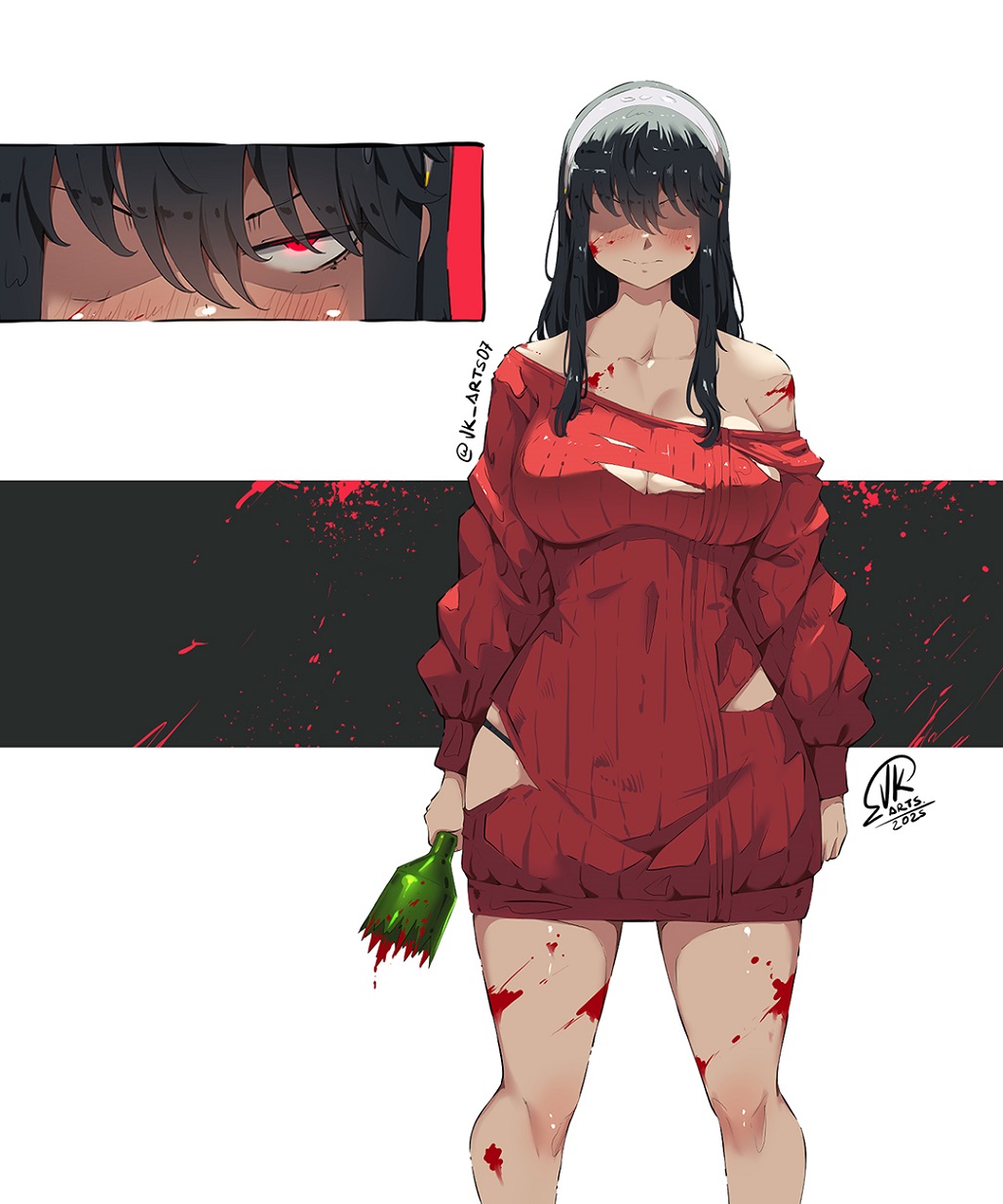 1girls angry artist_request black_hair blood broken_bottle red_eyes spy_x_family torn_clothing voluptuous_female yor_briar