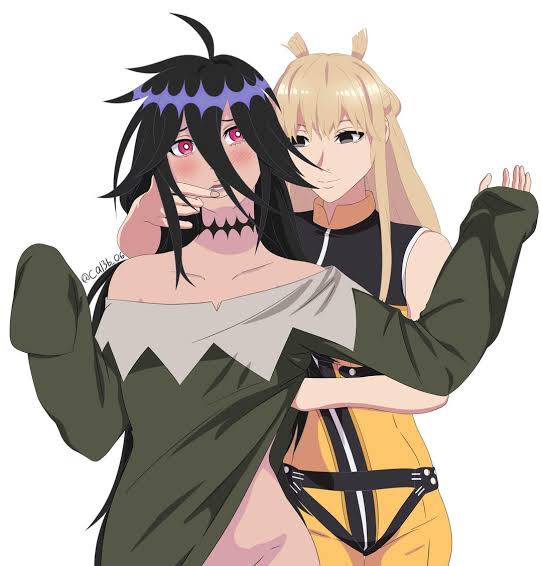 2girls alien_girl alien_humanoid black_eyes black_hair blonde_female blonde_hair blonde_hair_female blush blush_lines blushing_female bodysuit cal3b_o6 duster_(species) fighter_xx finger_in_mouth footsoldier_xx girls_only go!_go!_loser_ranger! grope groping groping_breast groping_breasts groping_from_behind hips long_hair midriff ranger_reject red_eyes sentai_daishikkaku suzukiri_yumeko thighs undressed_by_others undressing undressing_another yellow_hair yuri