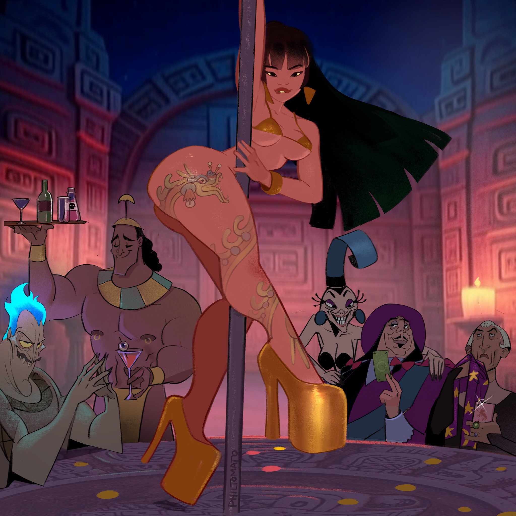 2girls, 4boys, ass, big ass, big breasts, breasts, brown body, brown skin, brown-skinned female, bust, busty, chel, chel (the road to el dorado), chest, claude frollo, crossover, curvaceous, curvy, curvy figure, dark skin, dark-skinned female, deity, digital media (artwork), disney, disney villains, dreamworks, european mythology, exotic dancer, female, god, governor, governor ratcliffe, greek mythology, hades (hercules), hades (mythology), happy, happy female, happy male, heels, hercules (1997 film), hercules (disney), high heels, hourglass figure, huge ass, john ratcliffe, judge, judge claude frollo, kronk, large ass, legs, male, mature, mature female, mythology, nightclub, nipple piercing, nipples, old woman, otagoth, peruvian female, philtomato, piercing, platform heels, pocahontas, pole, pole dancer, pole dancing, revealing clothes, slim waist, strip club, stripper, stripper heels, stripper pole, stripping, striptease, tag panic, the emperor's new groove, the hunchback of notre dame, the road to el dorado, thick, thick hips, thick legs, thick thighs, thighs, voluptuous, voluptuous female, waist, waiter, wide hips, yzma