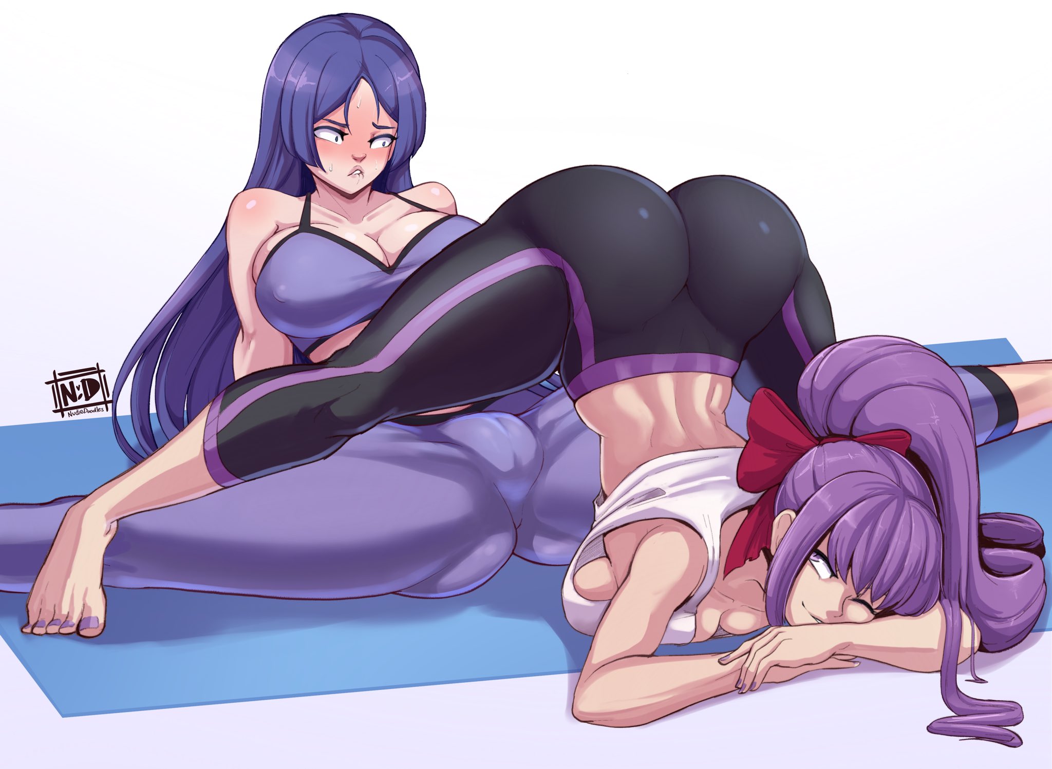 2girls, ass, ass awe, barefoot, bb (fate), big ass, breasts, bubble ass, busty, cameltoe, fate (series), feet, female, gym clothes, huge ass, large breasts, long hair, minamoto no raikou (fate/grand order), multiple females, multiple girls, nail polish, nudiedoodles, purple hair, pussy, round ass, showing off, showing off ass, spread legs, tagme, teasing, thick ass, thighs, toes, workout, workout clothes, yoga, yoga mat, yoga pants, yoga pose, yuri