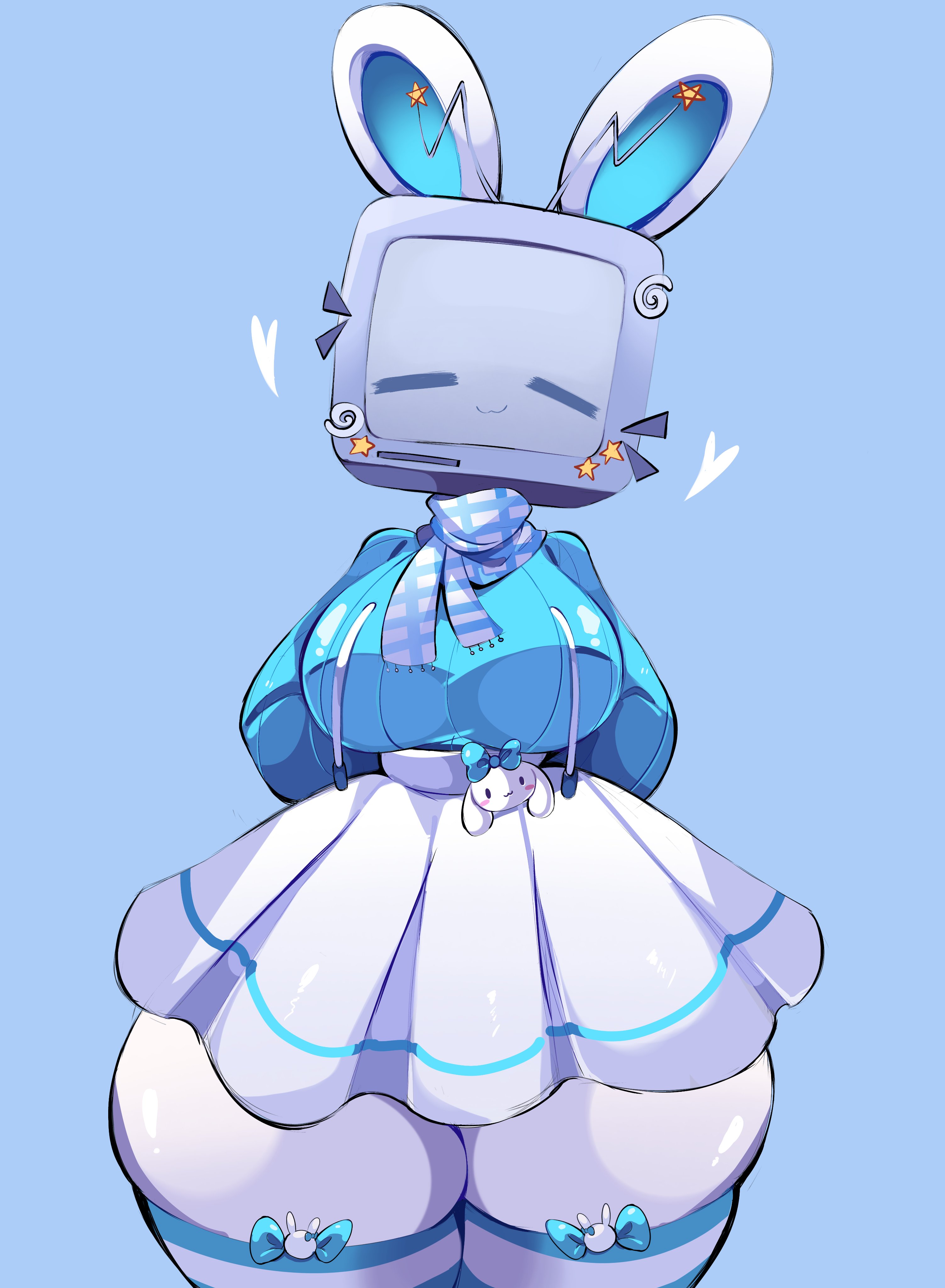 big breasts, big thighs, breasts, bunny ears, female, large thighs, rox hoxten, scarf, screen face, silvy (silvythetvbunny), skirt, star (symbol), stars, sweater, tagme, thighhighs, tv head, whiskers, wide hips