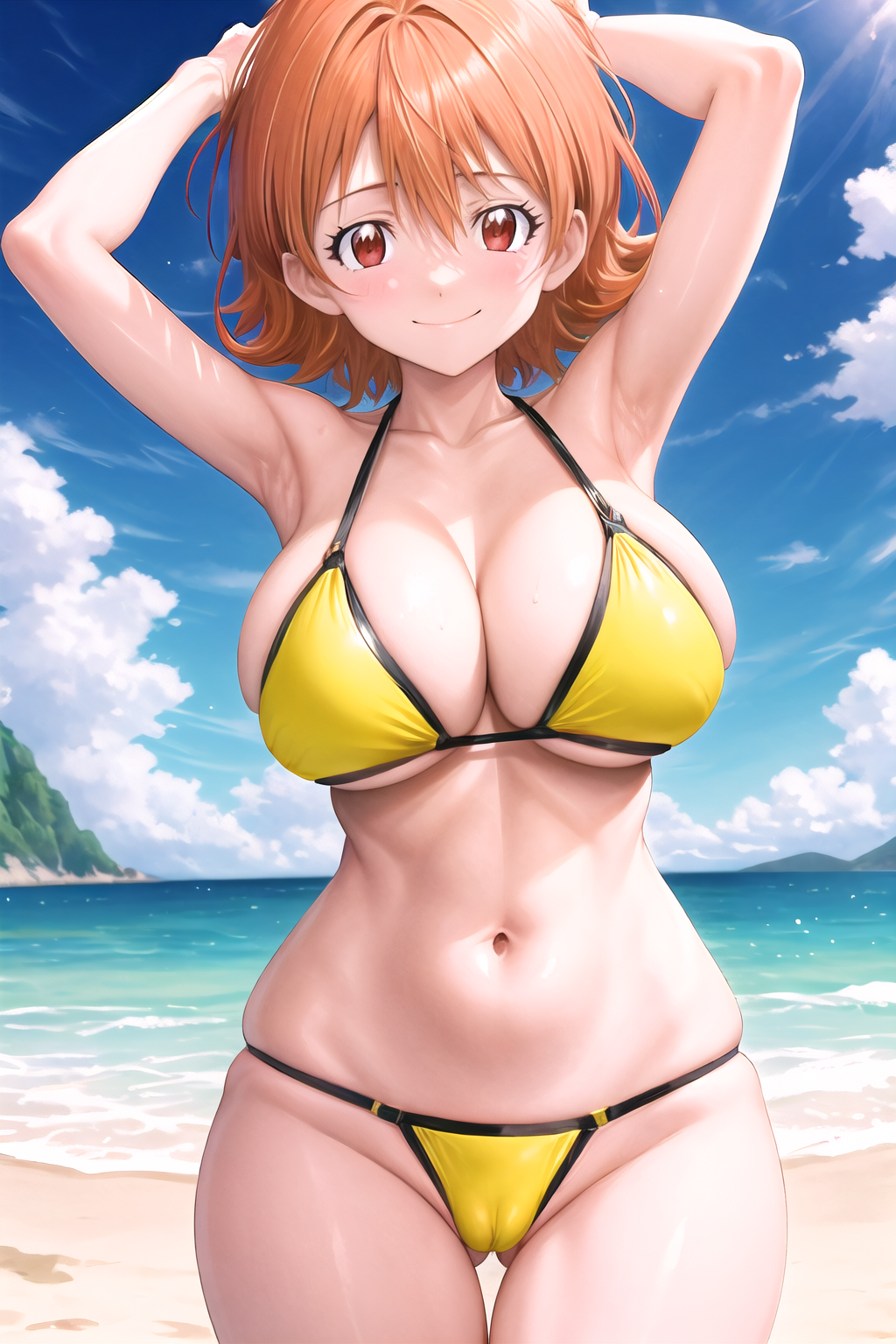 1girl ai_generated armpits arms_behind_head arms_up ass_visible_through_thighs bare_arms bare_shoulders beach bikini black_trim blue_sky blush breasts cameltoe cleavage closed_mouth cloud cloudy_sky collarbone cowboy_shot day digimon digimon_adventure digimon_adventure_tri. female groin hair_between_eyes halterneck horizon large_breasts linea_alba looking_at_viewer mountainous_horizon navel ocean orange_hair outdoors presenting_armpit red_eyes sand shore short_hair sideboob skindentation sky smile solo sora_takenouchi standing stomach straight-on string_bikini sun sunlight sweat swimsuit thigh_gap thighs two-tone_bikini underboob water wet wide_hips yellow_bikini