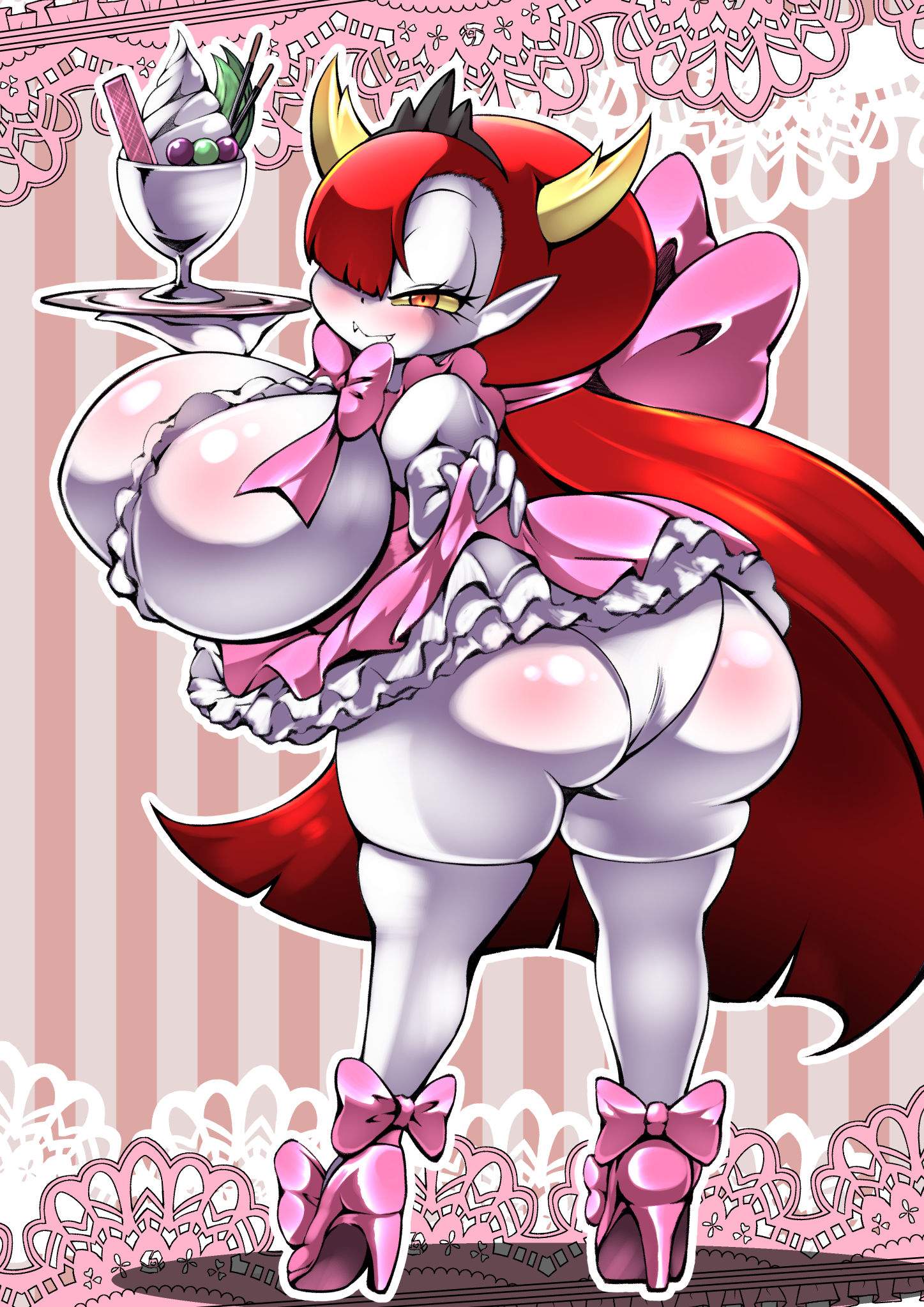 1girls, ass, breasts, cocco, disney, disney channel, dress, fangs, female, female only, hekapoo, high heels, huge ass, long hair, looking at viewer, looking back, massive ass, massive breasts, panties, red hair, solo, star vs the forces of evil, thick thighs, thighhighs, voluptuous, waitress, wide hips, yellow sclera