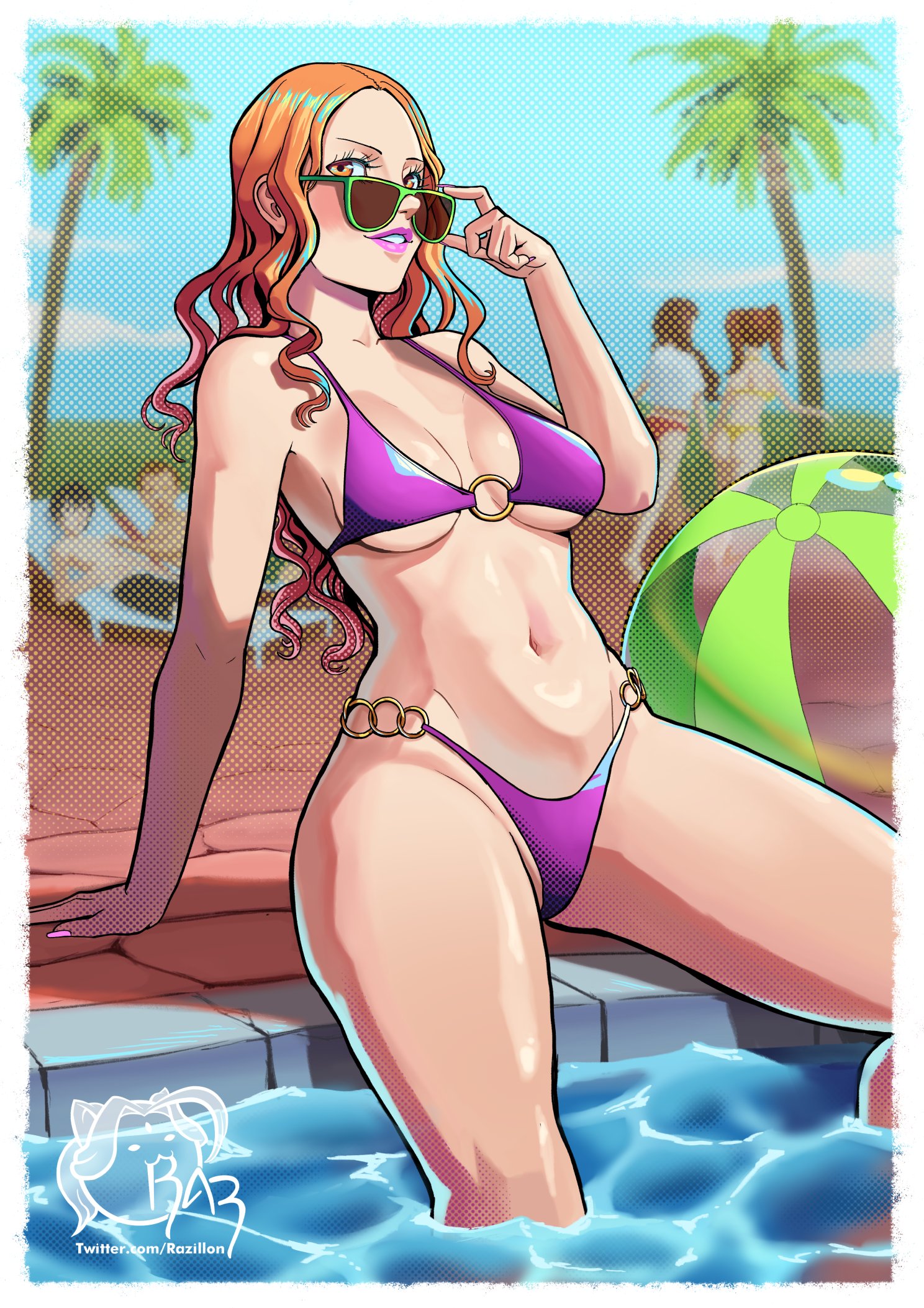 1girls, adjusting eyewear, adjusting sunglasses, atlus, background character, big breasts, bikini, bikini bottom, bikini top, bottomwear, breasts, brown eyes, brown hair, cleavage, ebihara ai, eyewear, female, female focus, female only, hair, kujikawa rise, lips, lipstick, long hair, looking over eyewear, looking over sunglasses, mashita kanami, nail polish, nails, persona, persona 4, pink lips, pink lipstick, pink nail polish, pink nails, pool, poolside, purple bikini, razillon, solo focus, sunglasses, swimsuit, swimwear, thighs, tinted eyewear, topwear, water