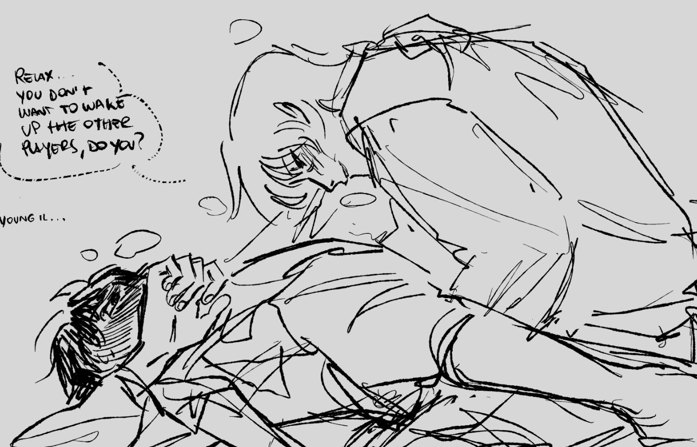 anal sex, black and white, blush, covering face, hand on hip, hwang in-ho, legs apart, male, male/male, on back, seong gi-hun, smile, smiling at partner, squid game, text, text bubble, yaoi