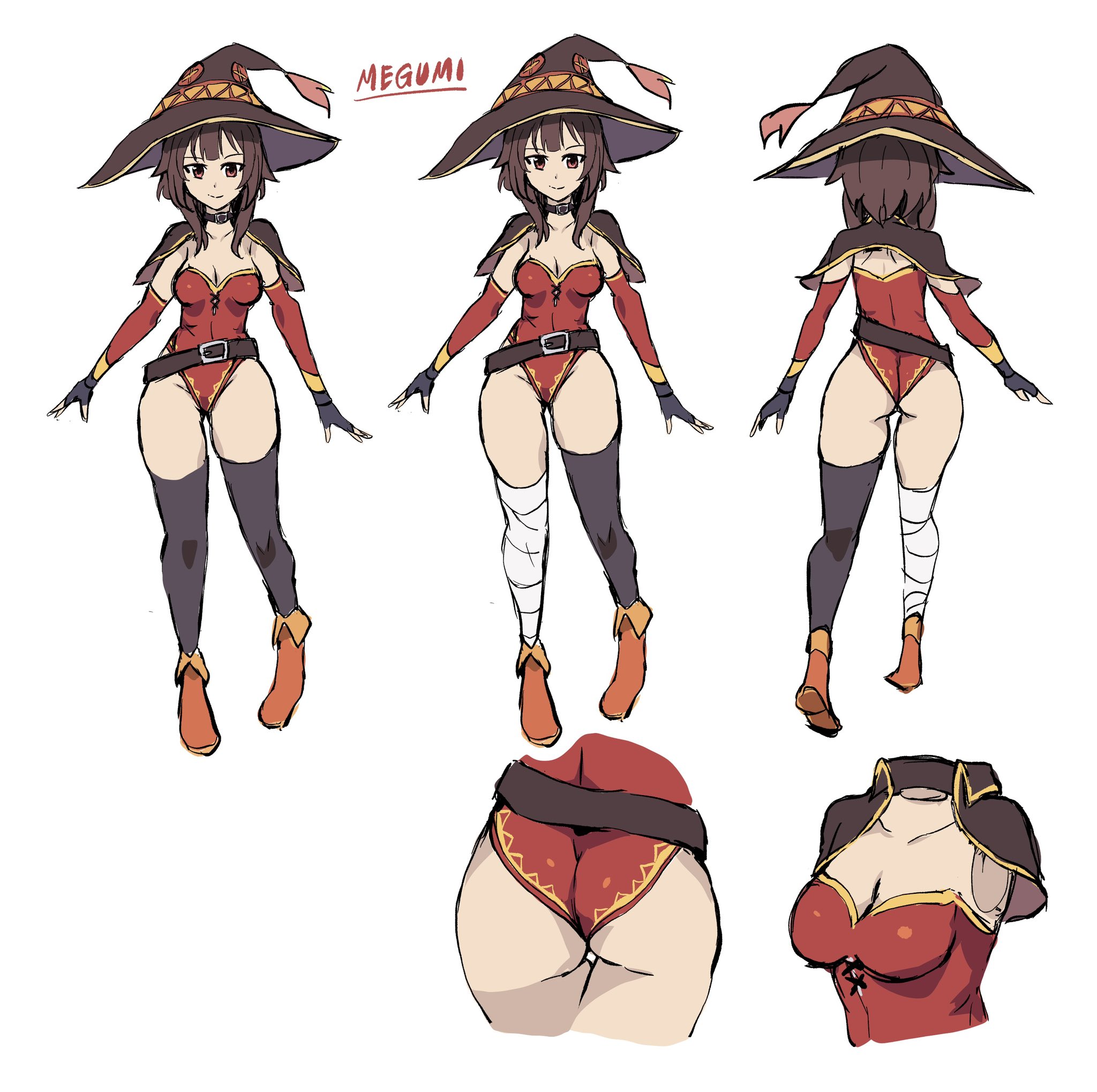1girls, 2025, arm warmers, arniro, arniro111, ass, belt, breasts, brown hair, bubble butt, choker, cleavage, female, female only, fingerless gloves, kono subarashii sekai ni shukufuku wo!, light skin, light-skinned female, megumin, red clothing, red eyes, smile, solo, solo female, tagme, thighhighs, white background, witch, witch hat