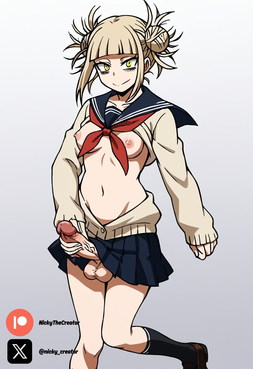 ai_generated big_breasts big_penis blonde_female blonde_hair blonde_hair_female boku_no_hero_academia cock colored dick fluids futanari futanari/female himiko_toga light_skin my_hero_academia nickythecreator penis sexy sexy_body sexy_pose testicles yellow_eyes