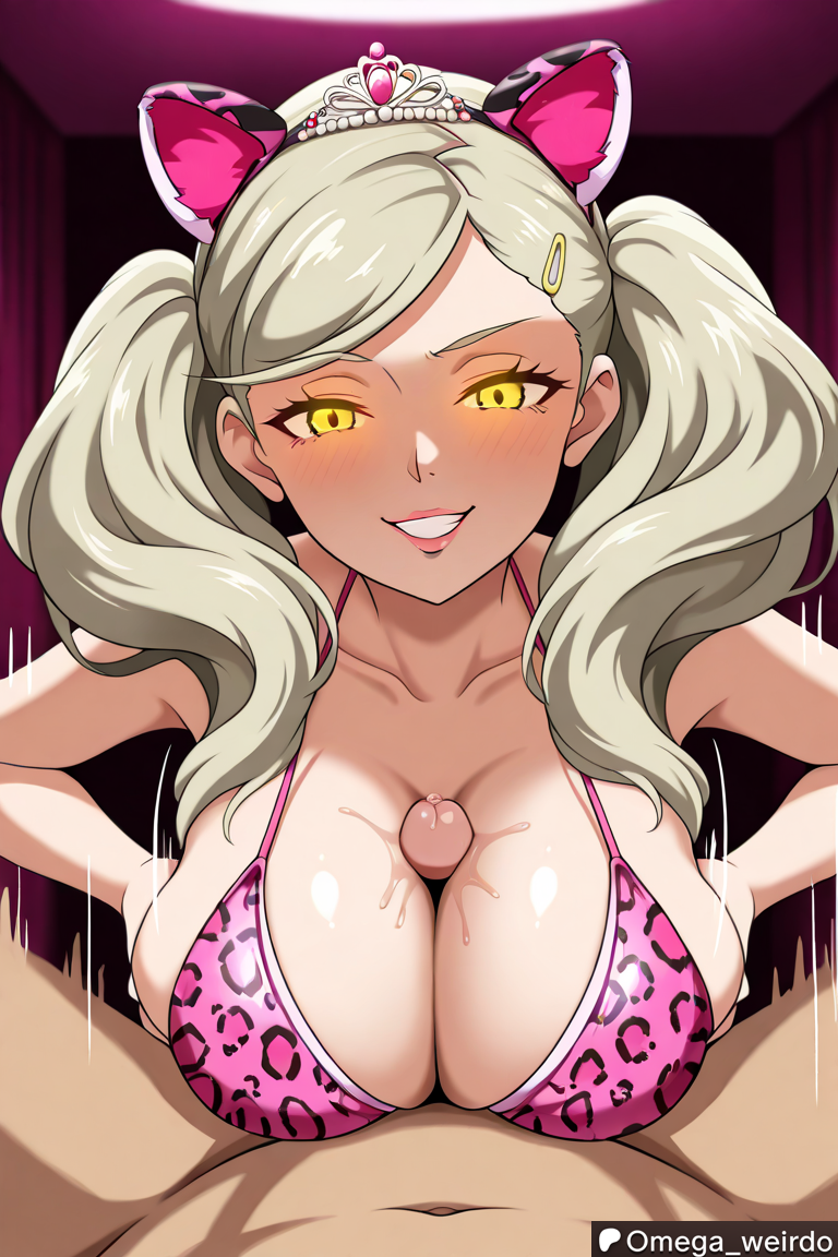 1girl1boy ai_generated animal_ears ann_takamaki big_breasts bikini blonde_female blonde_hair cognitive_ann corrupted corruption enemy_conversion evil_grin evil_smile female glowing_eyes huge_breasts kneeling kneeling_female leopard_print looking_at_partner looking_at_viewer motion_lines omega_weirdo patreon persona persona_5 pink_bikini pov servicing_from_below sex_slave shadow_(persona) shadow_self_(persona) smile smiling smiling_at_partner smiling_at_viewer submissive_female tiara titjob twintails yellow_eyes