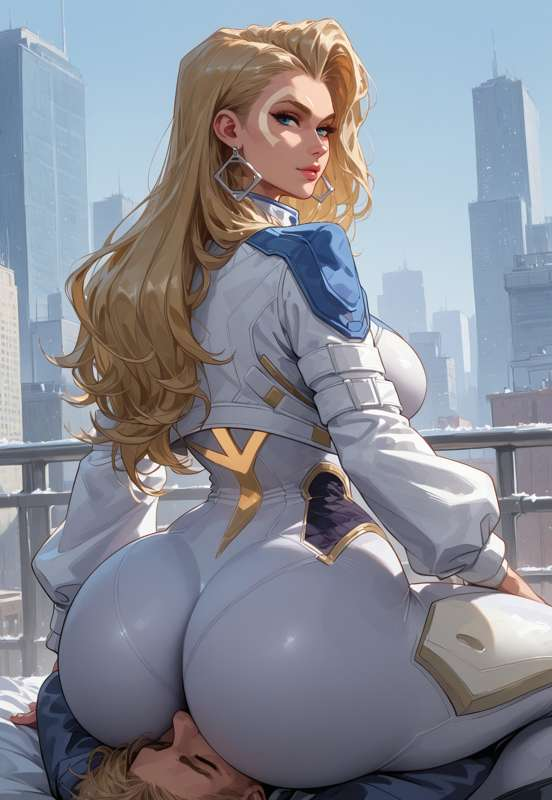 1boy 1boy1girl 1girls ai_generated ass_worship big_ass big_breasts big_butt blonde_hair blue_eyes cunnilingus cunnilingus_through_clothes dagger_(marvel) dagger_(marvel_rivals) dat_ass facesitting hi_res hypet looking_at_viewer looking_pleasured sideboob sitting_on_face sitting_on_person smothering smug sniffing sniffing_ass