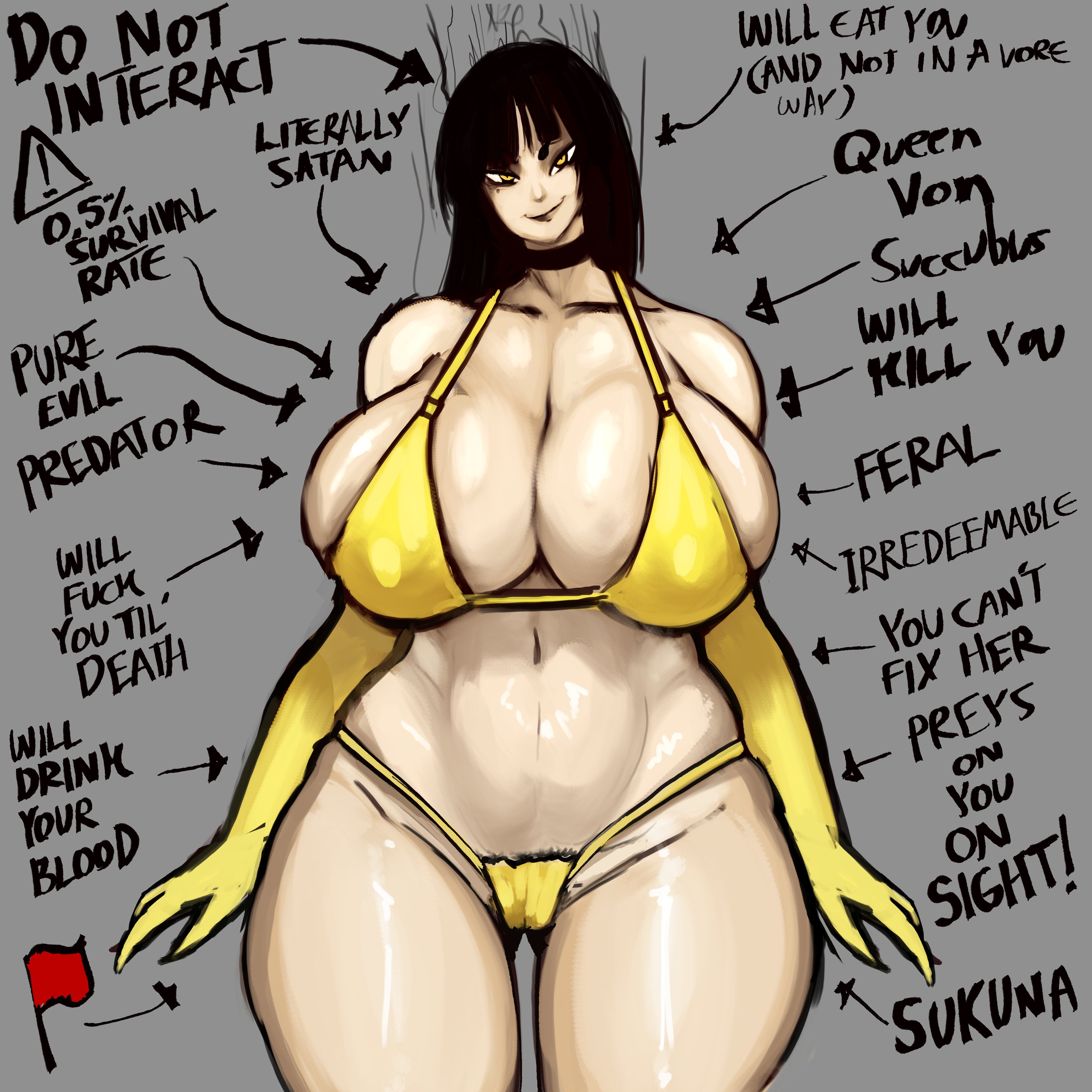 1girls, armwear, asian, asian female, big breasts, bikini, black hair, breasts, curvy, curvy female, evil, female, funny, huge breasts, humor, looking at viewer, red flag, shion (tinboryte oc), smile, smiling, smiling at viewer, stockings, sweaty, text, thick thighs, thighhighs, tinboryte, yellow armwear, yellow bikini, yellow eyes, yellow stockings