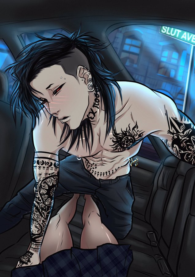 anime backseat black_hair black_jeans black_pupils black_sclera blush female_pov hand_in_skirt in_car lip_ring long_hair male_on_top pants_only pierced_ears ponytail red_iris shaved_head shirtless_male skirt tattooed_arms tattooed_chest tattooed_neck tokyo_ghoul uta_(tokyo_ghoul)