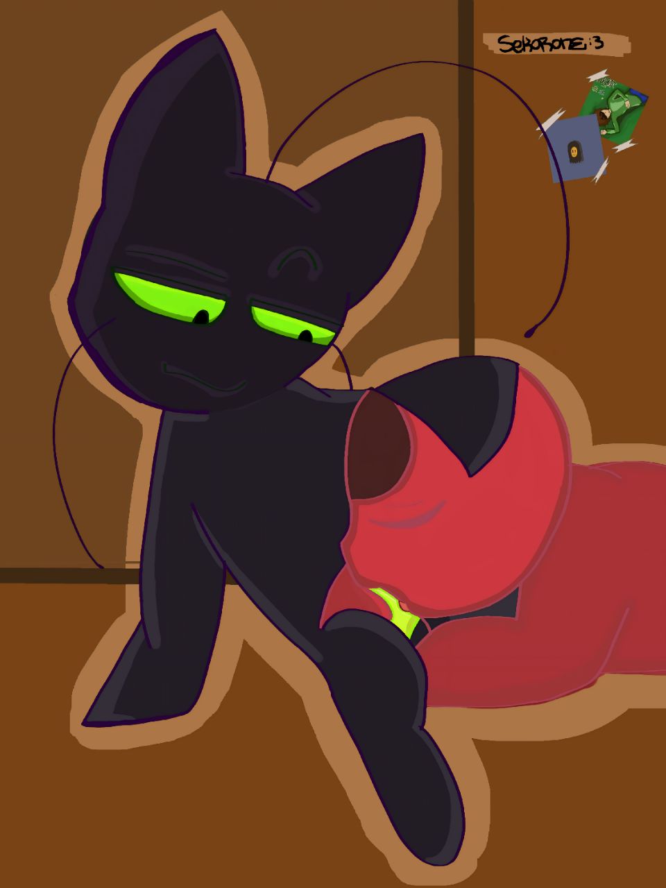 animal_genitalia cat_ears closed_eyes feline green green_eyes green_penis kwami miraculous_ladybug plagg_(miraculous_ladybug) poshlaya_molly sekor sekor(artist) sucking_penis tagme tikki_(miraculous_ladybug) wtf