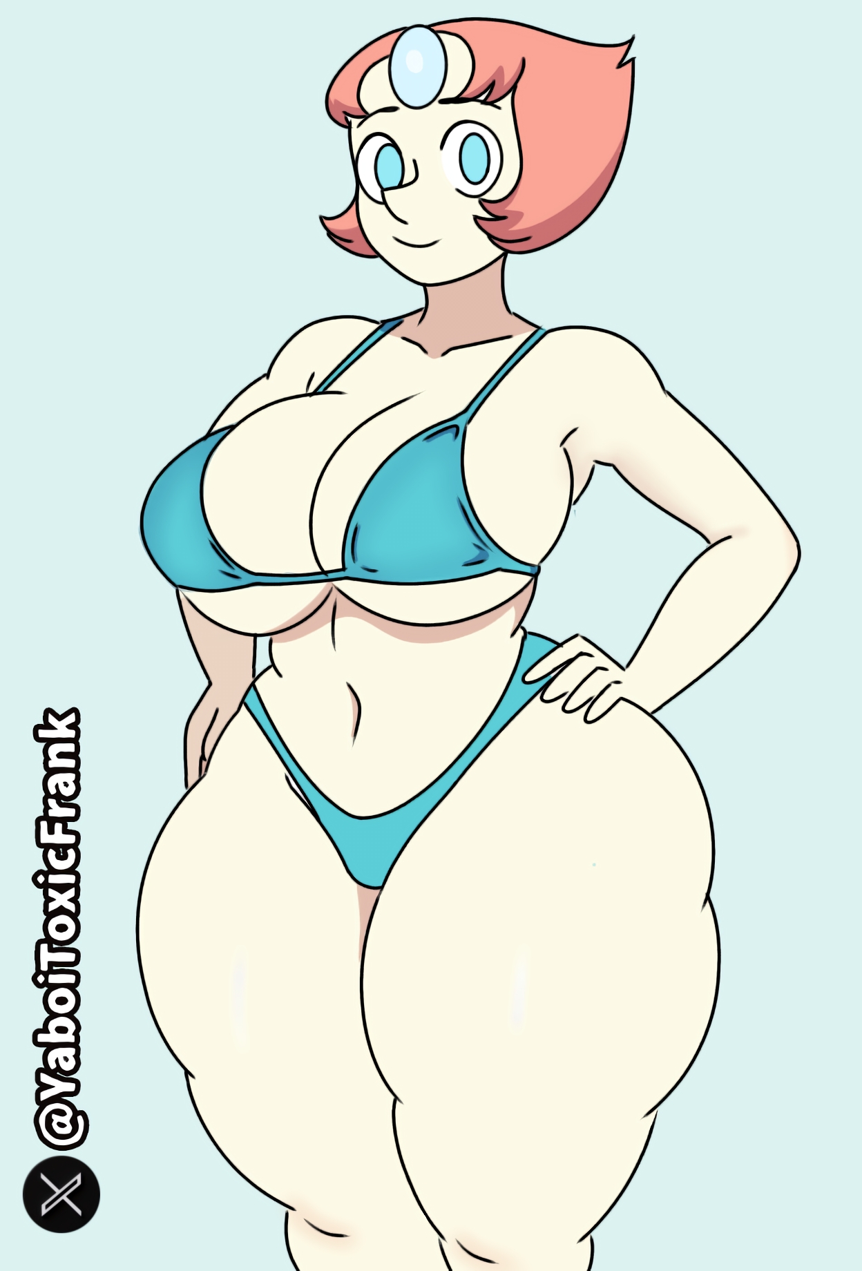 ass, bikini, breasts, cartoon network, female, gem (species), hand on hip, huge breasts, looking at viewer, pearl (steven universe), self upload, steven universe, thick, thick ass, thick legs, thick thighs, tight clothes, tight clothing, white skin, yaboitoxicfrank
