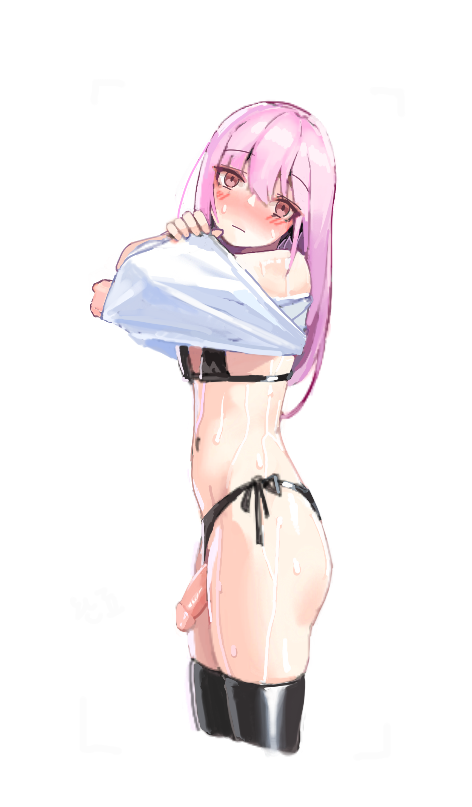 black_lingerie black_stockings blush femboy mori1717 pink_hair undressing