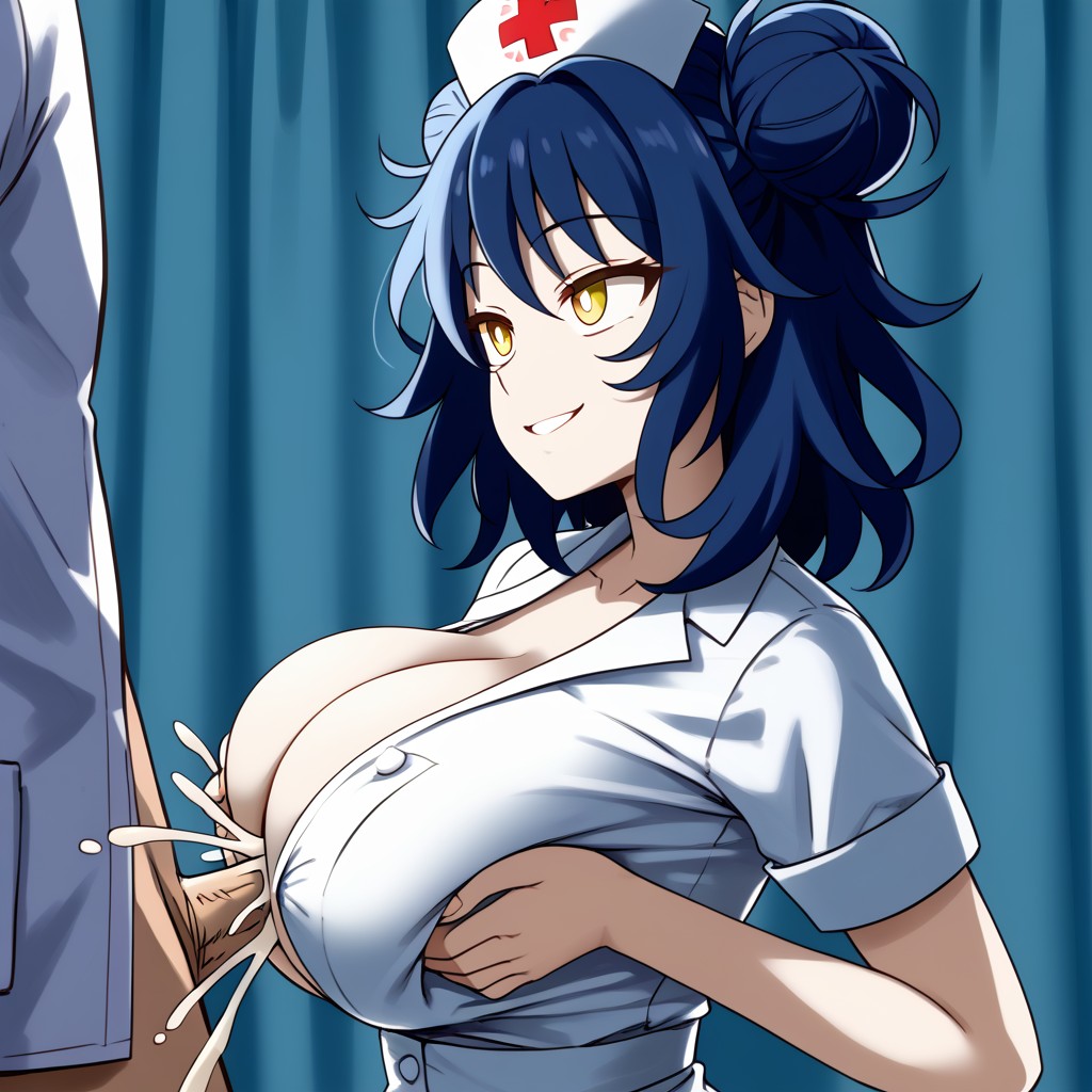 ai_generated blue_frog blue_hair ejaculation ejaculation_between_breasts hair_buns looking_at_partner nurse nurse_cap nurse_uniform open_clothes original_character paizuri perpendicular_paizuri smiling_at_partner squeezing_breast standing_paizuri yellow_eyes