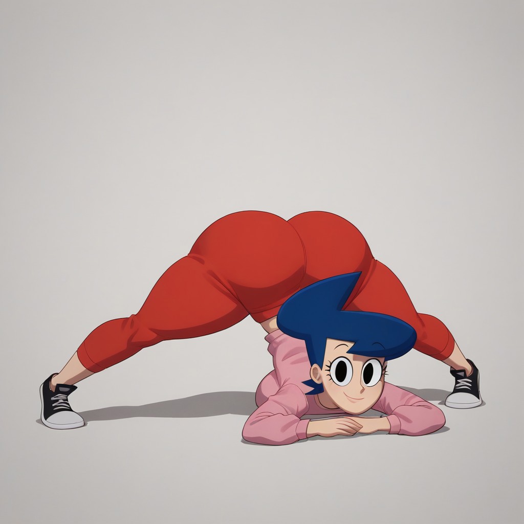 ai_generated anacoslike ass big_ass big_breasts big_butt black_eyes blue_hair breasts clothed darla_myers female female_only get_blake gigantic_ass high_quality highres huge_ass jack-o_pose looking_at_viewer pink_shirt red_pants seductive_smile solo solo_female thick_thighs untucked_shirt wide_hips