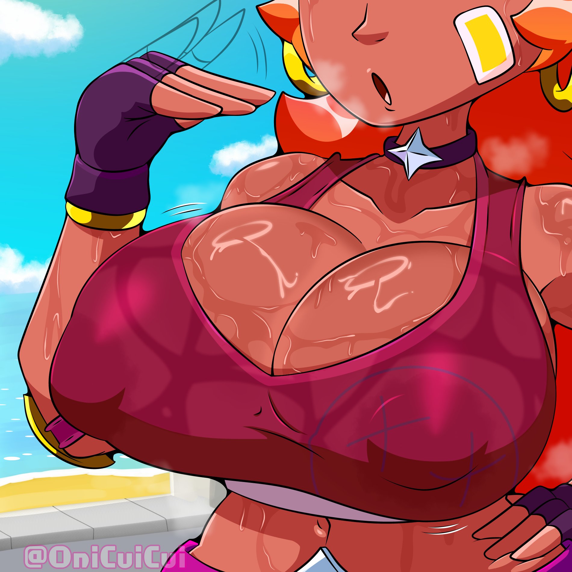 amber (brawl stars), brawl stars, breasts, bubble trouble amber (brawl stars), dark skin, dark-skinned female, female, huge breasts, nipple bulge, onicuicui, sweat, sweaty breasts, tagme, wet breasts