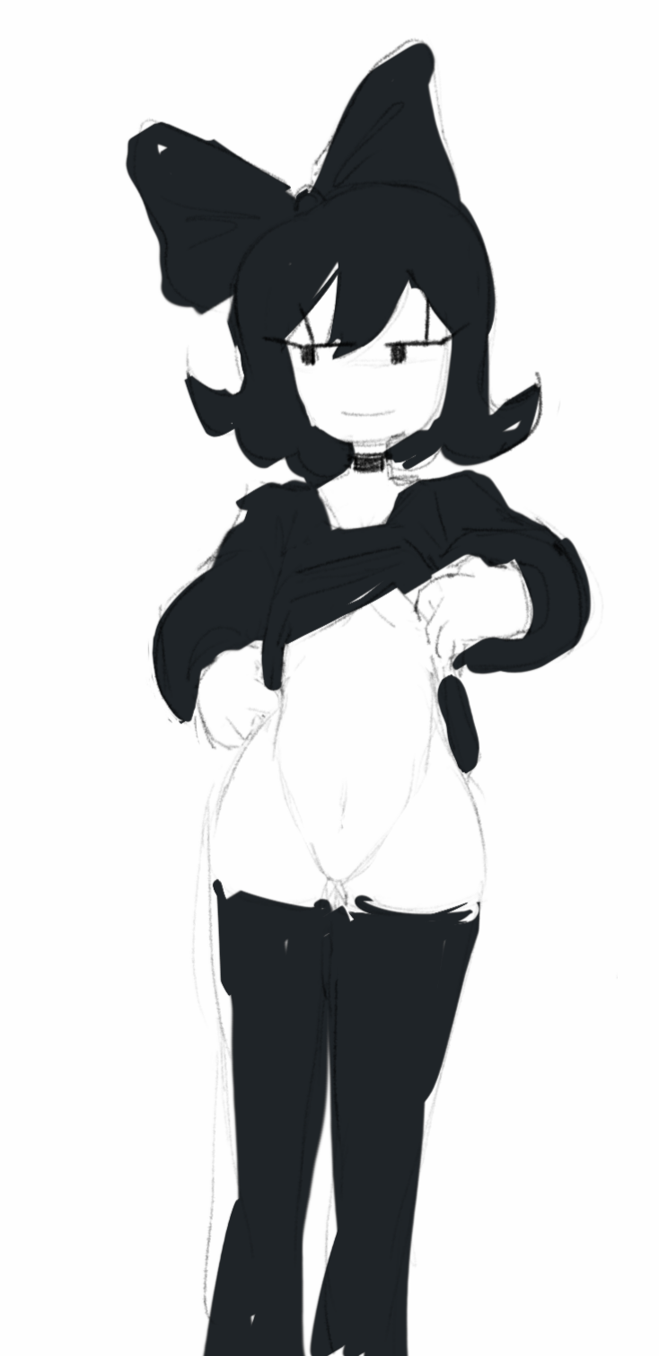anonymous_artist black_hair choker exposed_pussy exposed_stomach fnf_composer friday_night_funkin friday_night_funkin_mod hairbow kiwiquest musician rough_sketch shirt_lift socks tagme thighhighs white_skin youtube youtuber youtuber_sona