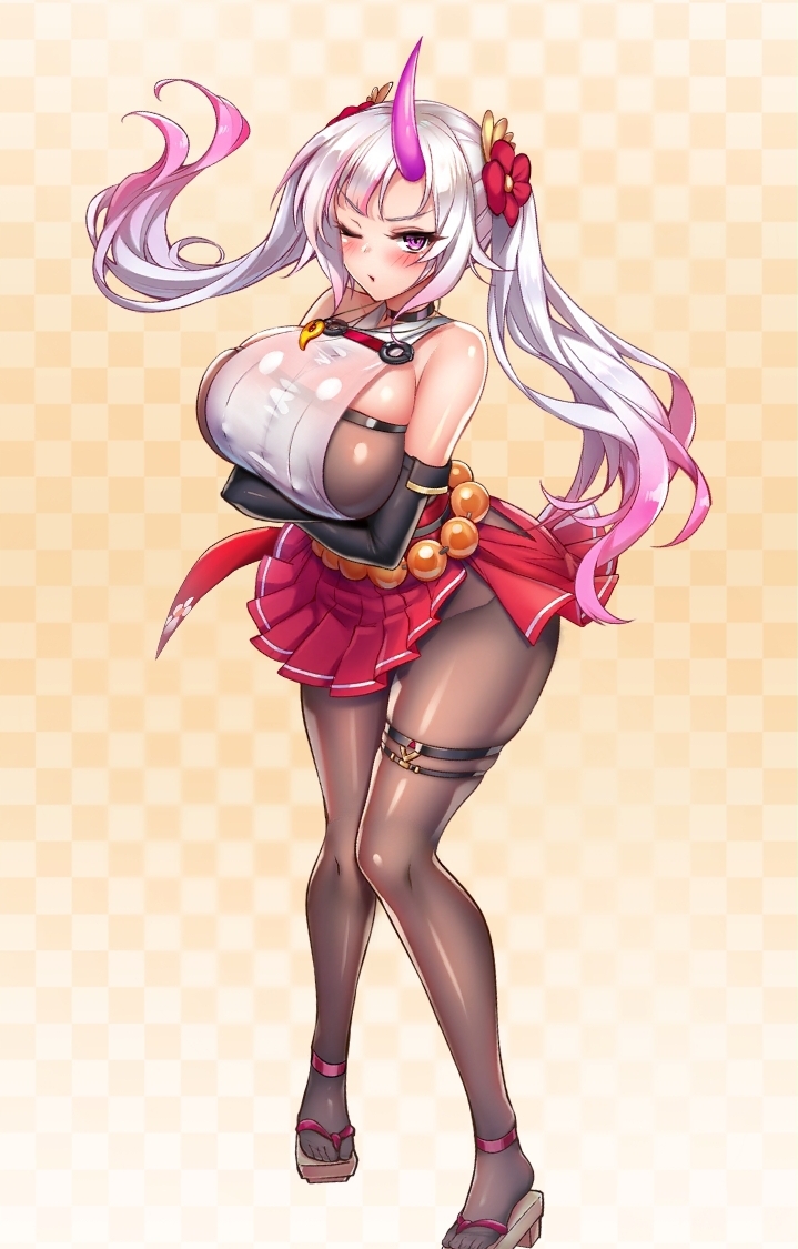 arms_under_breasts clothed huge_breasts looking_at_viewer nova_(project_qt) nutaku project_qt thick_thighs twintails white_hair