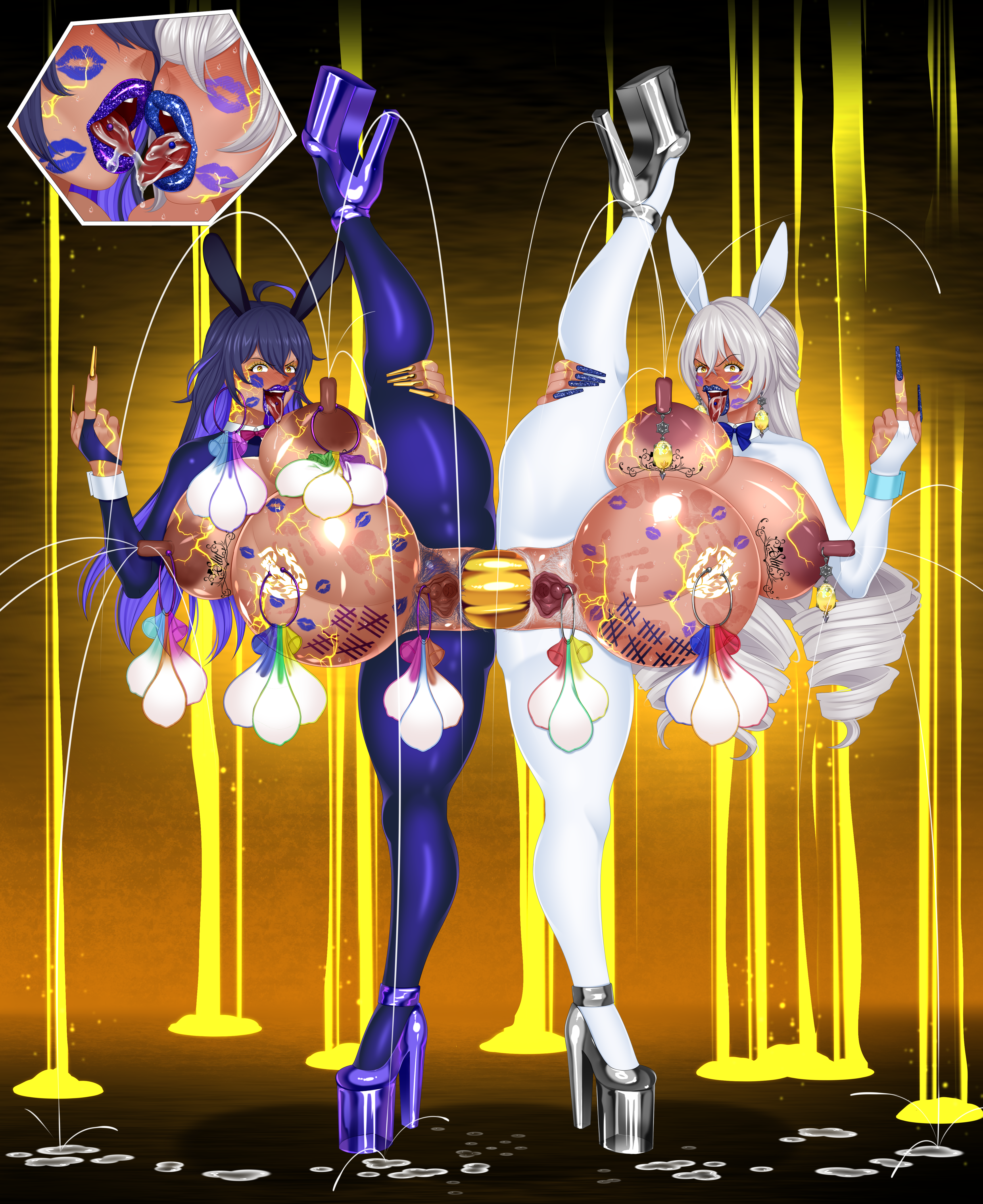breasts, bronya rand, corruption, erect nipples, female, filled condom, gigantic breasts, honkai (series), honkai: star rail, kiss mark, lactation, lipstick mark, naughty face, nipples, piercing, pregnant, reverse bunnysuit, seele (honkai: star rail), sofiam, sweating, tally marks, tanned skin, tongue, tongue out, used condom