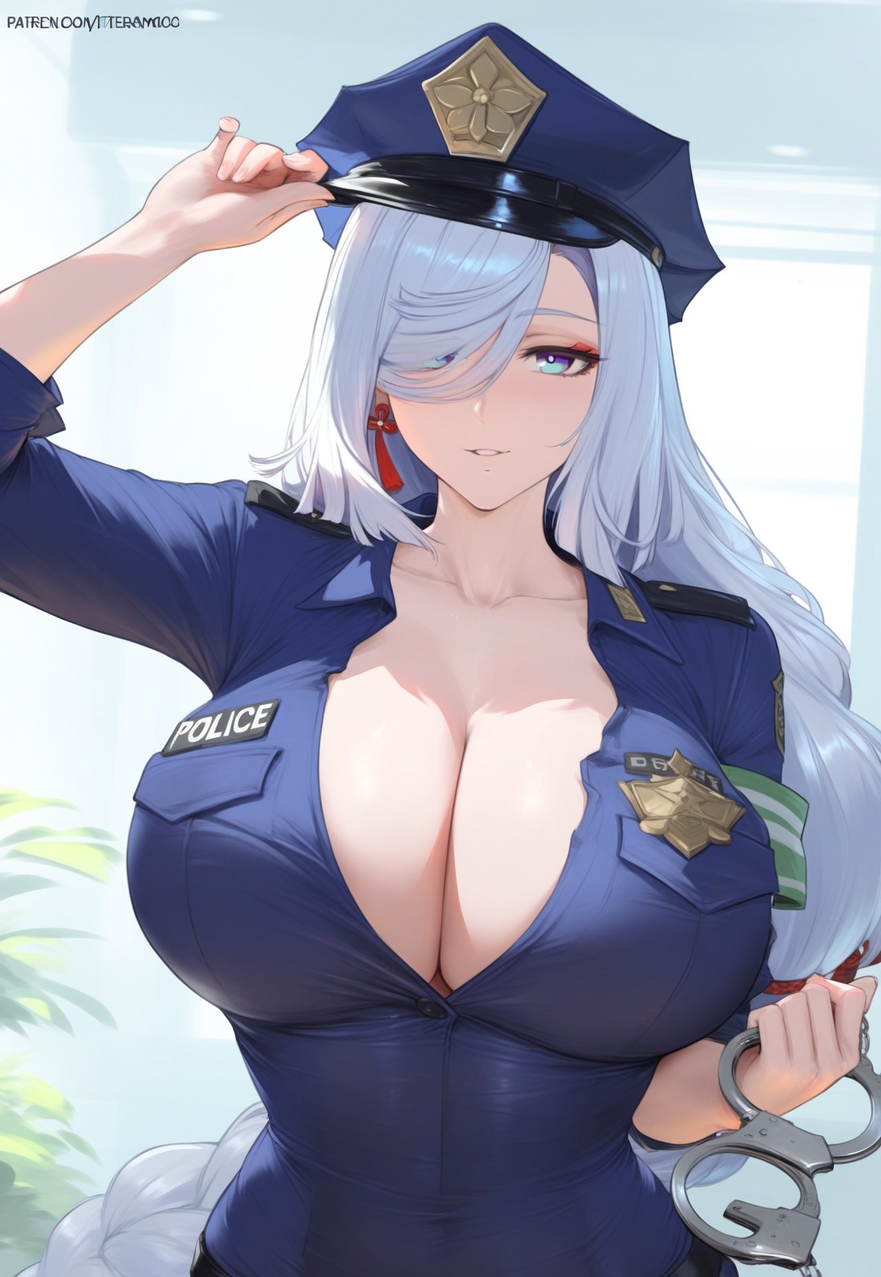 1girls ai_generated aiguillette alternative_costume armband bangs blue_eyes blue_headwear blue_jacket blue_shirt blush braid braided_ponytail breasts cleavage clothing collared_shirt covered_navel cuffs curvaceous curvaceous_female curvaceous_figure curvy curvy_figure earrings female female female_focus genshin_impact grey_hair hair_ornament hair_over_one_eye hand_on_headwear handcuffs hat headwear holding huge_breasts hydrolis999 jewelry large_breasts long_hair long_sleeves looking_at_viewer parted_lips pixiv police police_hat police_uniform policewoman ponytail seductive shenhe_(genshin_impact) shirt single_braid smile solo swept_bangs tassel thighs tied_hair uniform upper_body very_long_hair voluptuous voluptuous_female white_hair