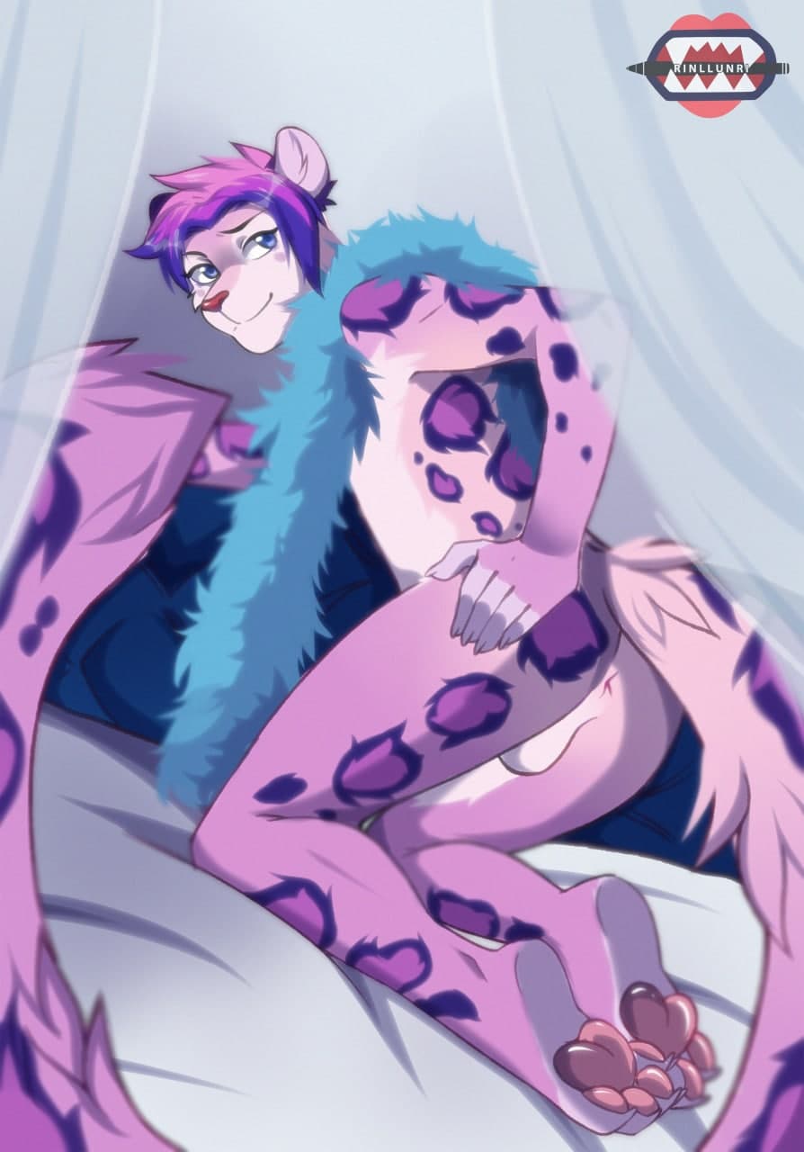 anthro balls big_tail drewby_(drewby) felid fluffy fluffy_tail fur genitals girly hi_res male mammal pantherine pawpads paws pink_body pink_fur presenting purple_body purple_fur rinllunri slim snow_leopard solo