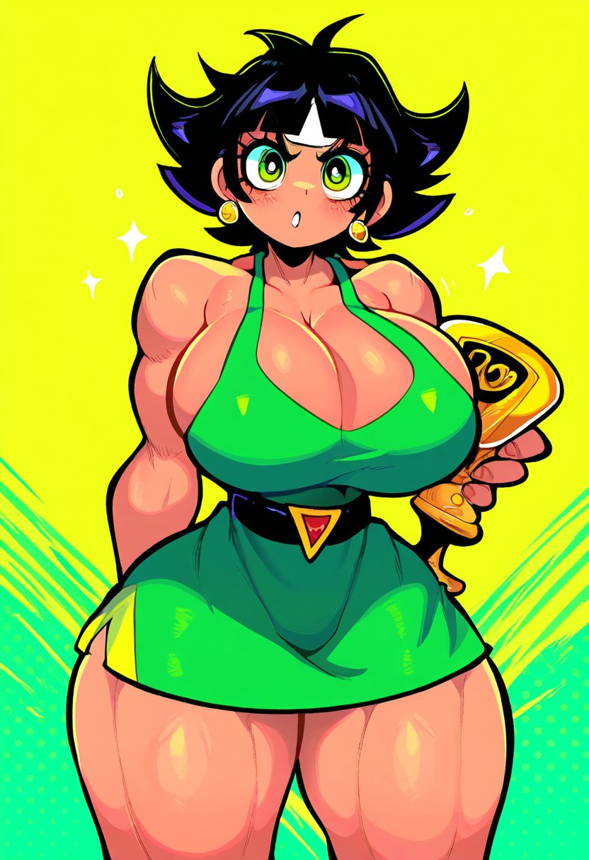 1female 1girls ai_generated belt big_breasts bimbo black_belt black_hair black_hair_female buttercup_(powerpuff_girls) cartoon_network curvy curvy_body curvy_female curvy_figure dan16369336 dress female female_only green_dress muscular muscular_female powerpuff_girls purple_eyelids short_hair short_hair_female skimpy_clothes skimpy_dress sole_female tagme trophy twitter_link wide_hips