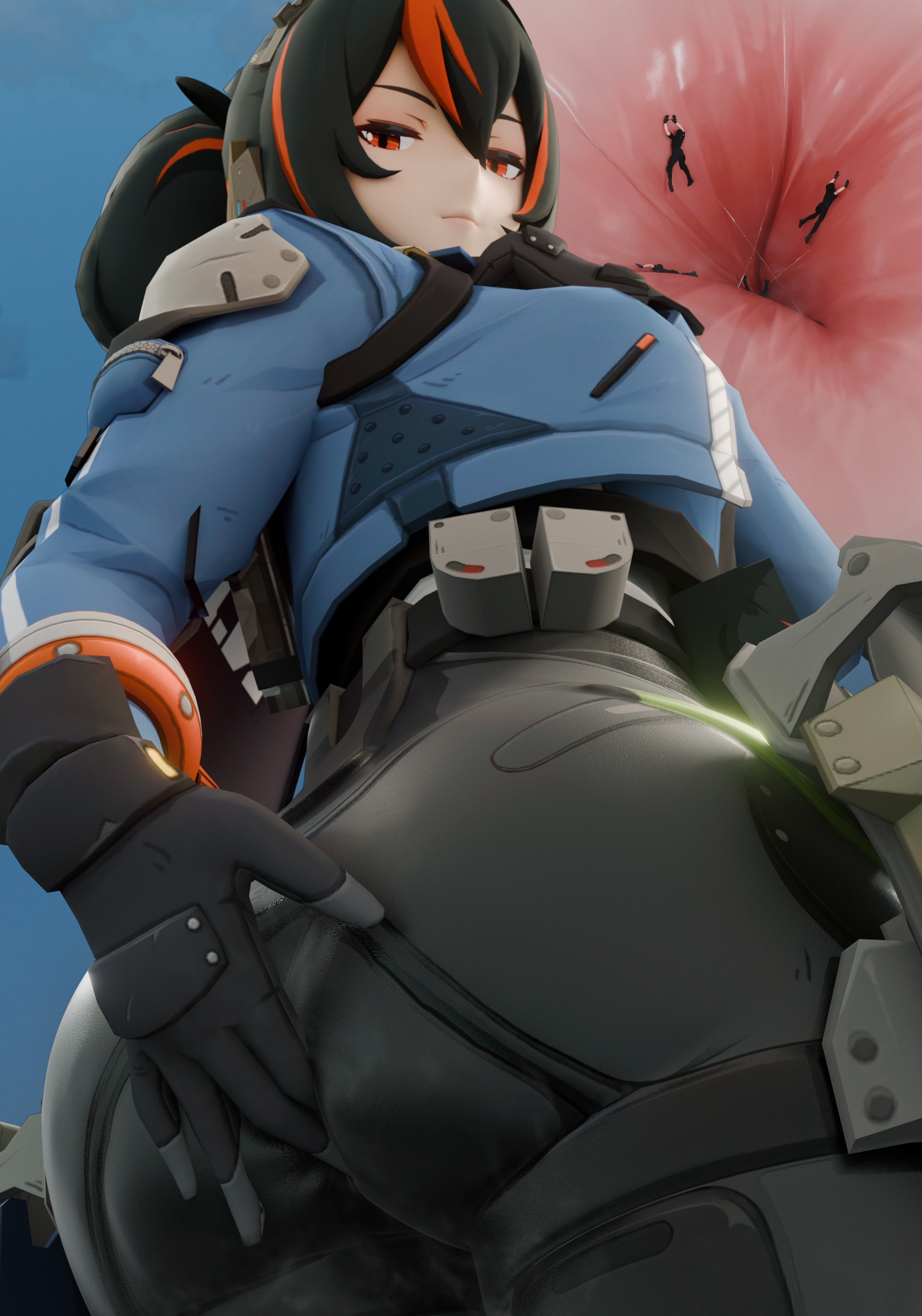 1girls, anal vore, anus, ass, clothed female, clothed male, clothing entrapment, female, giantess, huge ass, insertion, larger female, macro, male, micro, multicolored hair, multiple boys, multiple males, policewoman, polyphius, ponytail, size difference, smaller male, tight clothing, vore, zenless zone zero, zhu yuan