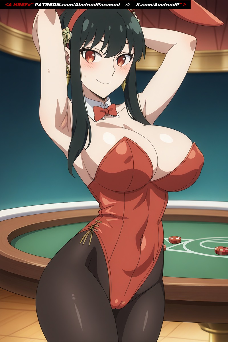 1girls, ai generated, aindroidparanoid, big breasts, black hair, breasts, bunny costume, bunny ears, bunny girl, bunny tail, bunnysuit, cameltoe, casino, cleavage, female, female only, huge breasts, indoors, narrow waist, nipples, pussy, red eyes, sensual, slim waist, solo, spy x family, stable diffusion, thick legs, tight clothing, yor briar, yor forger