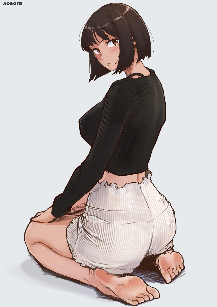 1girls aosora barefoot black_hair black_skirt blush clothed clothed_female clothing feet hands_on_knees hazel_eyes kneeling kneeling_female looking_back on_knees original original_character short_hair shorts soles tight_pants toes white_shorts