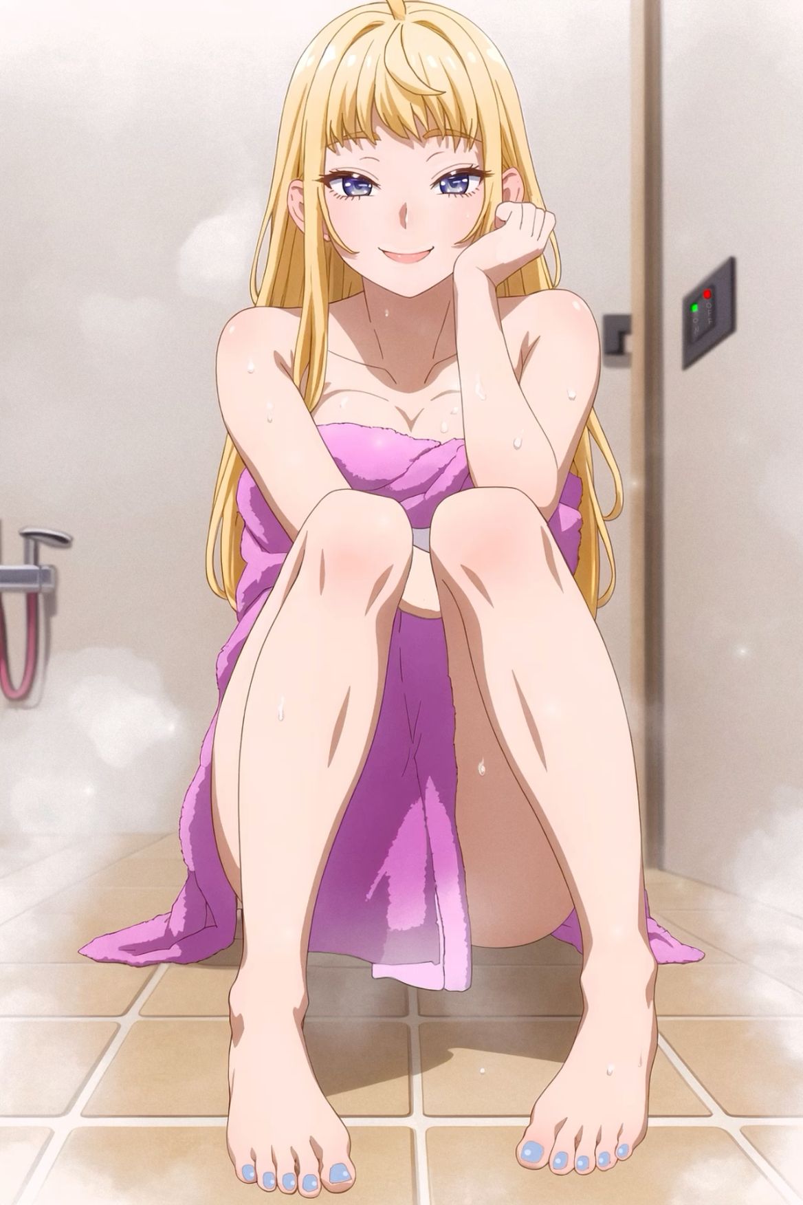 5_toes after_bathing ass ass_focus bangs bare_leg bare_legs bare_shoulders barefoot bathroom blonde_hair blue_eyes blue_nails blush breasts clavicle cleavage clothing dosanko_gal_wa_namara_menkoi feet female female female_only gyaru hand_on_own_cheek hand_on_own_face indoors leg_focus legs lips long_hair looking_at_viewer makeup medium_breasts minami_fuyuki nail_polish naked_towel painted_toenails purple_towel sexy sitting smile soles solo steam teen teen_girl teenage teenage_girl teenager tile_floor tiles toenail_polish toenails toes towel towel_only wet