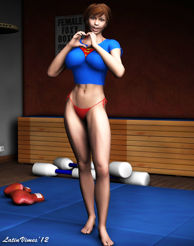 athletic_female barefoot blue_eyes blue_top boxing_gloves breasts brown_hair carrie_(latinvimes) feet female female_focus female_only gym heart_gesture large_breasts latinvimes_(artist) long_legs muscle muscular_female nerd nerdy_female open_mouth red_panties short_hair smile superman_logo superman_logo_top tanktop toes wrestler