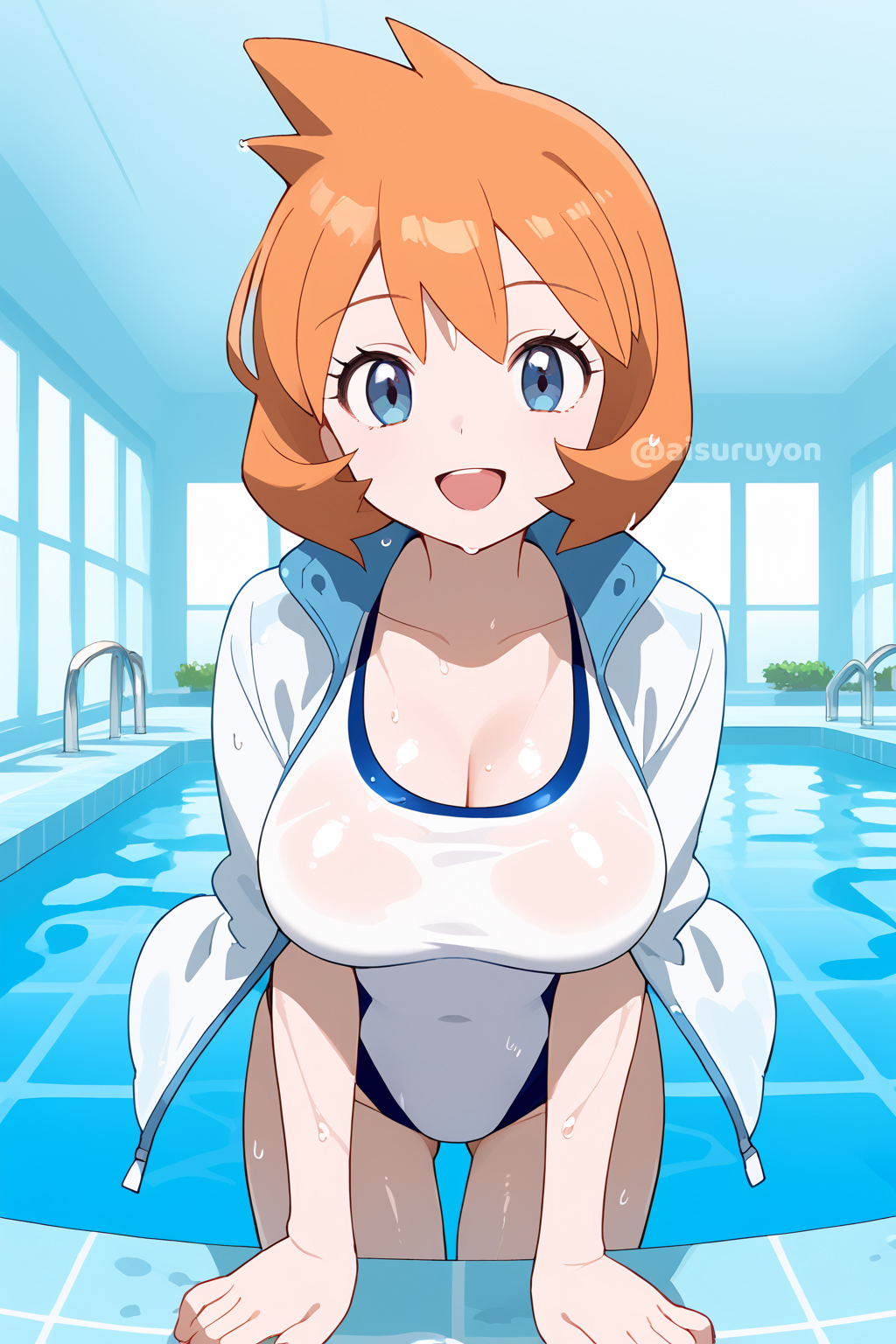 :d ai_generated aisuruyon arm_support bangs blue_eyes blush breasts clavicle cleavage clothing competition_swimsuit covered_navel eyelashes female high_resolution indoors jacket kasumi_(pokemon) ladder large_breasts leaning_forward looking_at_viewer misty_(pokemon_hgss) navel one-piece_swimsuit open-mouth_smile open_clothes open_jacket open_mouth orange_hair partially_submerged pokemon pokemon_character pokemon_gsc pokemon_hgss pool pool_ladder poolside shiny shiny_hair shirt short_hair smile solo swimsuit tank_suit teeth thighs tile_floor tiles tongue two-tone_swimsuit upper_teeth upper_teeth_only water wet wet_clothes white_jacket white_one-piece_swimsuit white_shirt white_swimsuit window