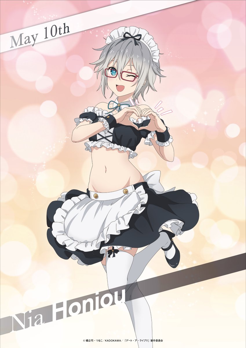 bare_belly bare_shoulders belly_button blue_eyes blush breasts date_a_live glasses grey_hair heart_sign honjou_nia maid_headdress maid_uniform official_art one_eye_closed one_leg_up open_mouth short_hair skirt small_breasts smile thighhighs thighs white_thighhighs zettai_ryouiki