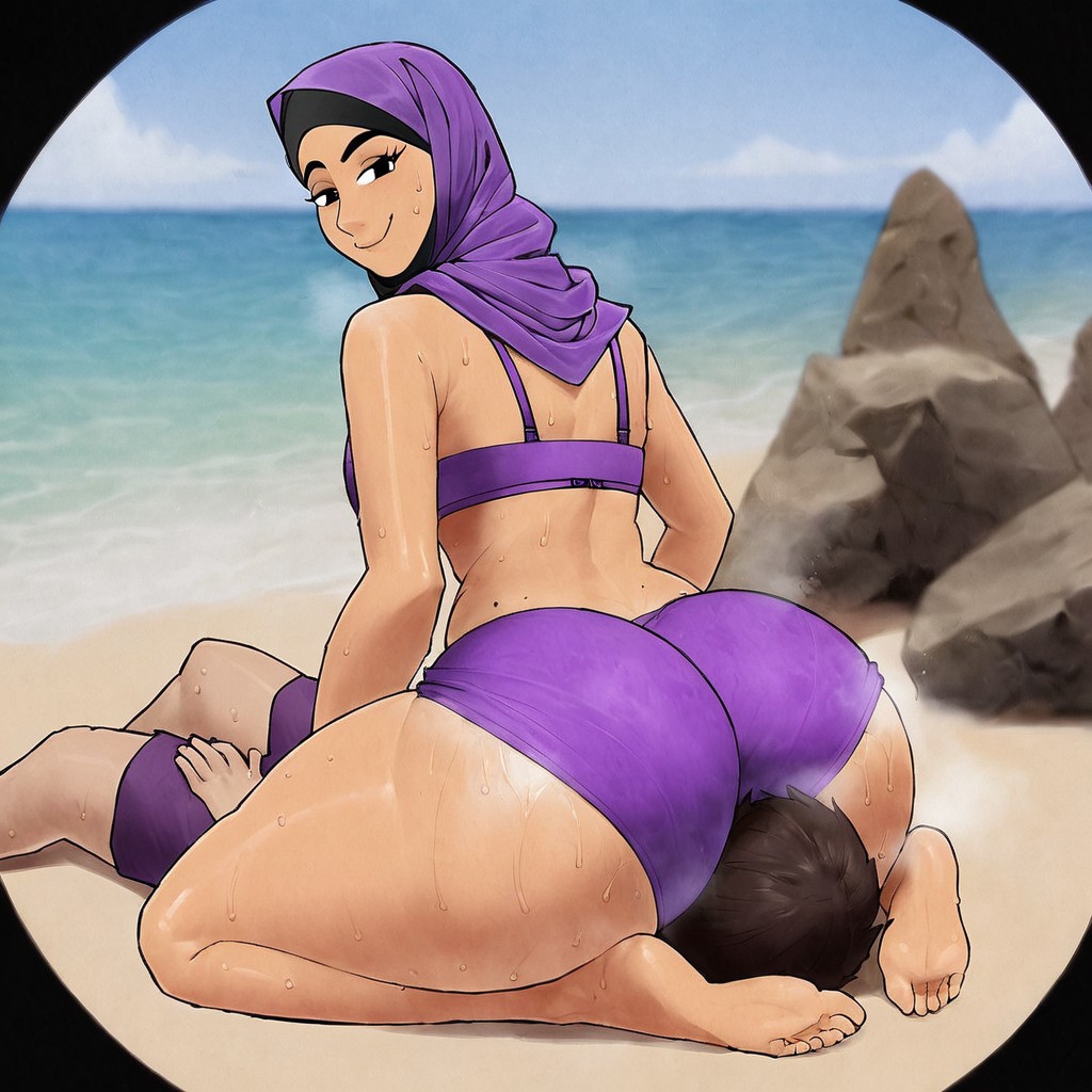 ai_generated beach beach_sex big_hips butt_smother dominant_female facesitting femdom gigantic_ass hijab huge_ass huge_butt light-skinned_female mature_female milf misato_katsuragi muslim muslim_female neon_genesis_evangelion older_female panties purple_bikini purple_bra purple_hair purple_panties sex_on_the_beach sitting_on_person smothering wide_hips younger_male