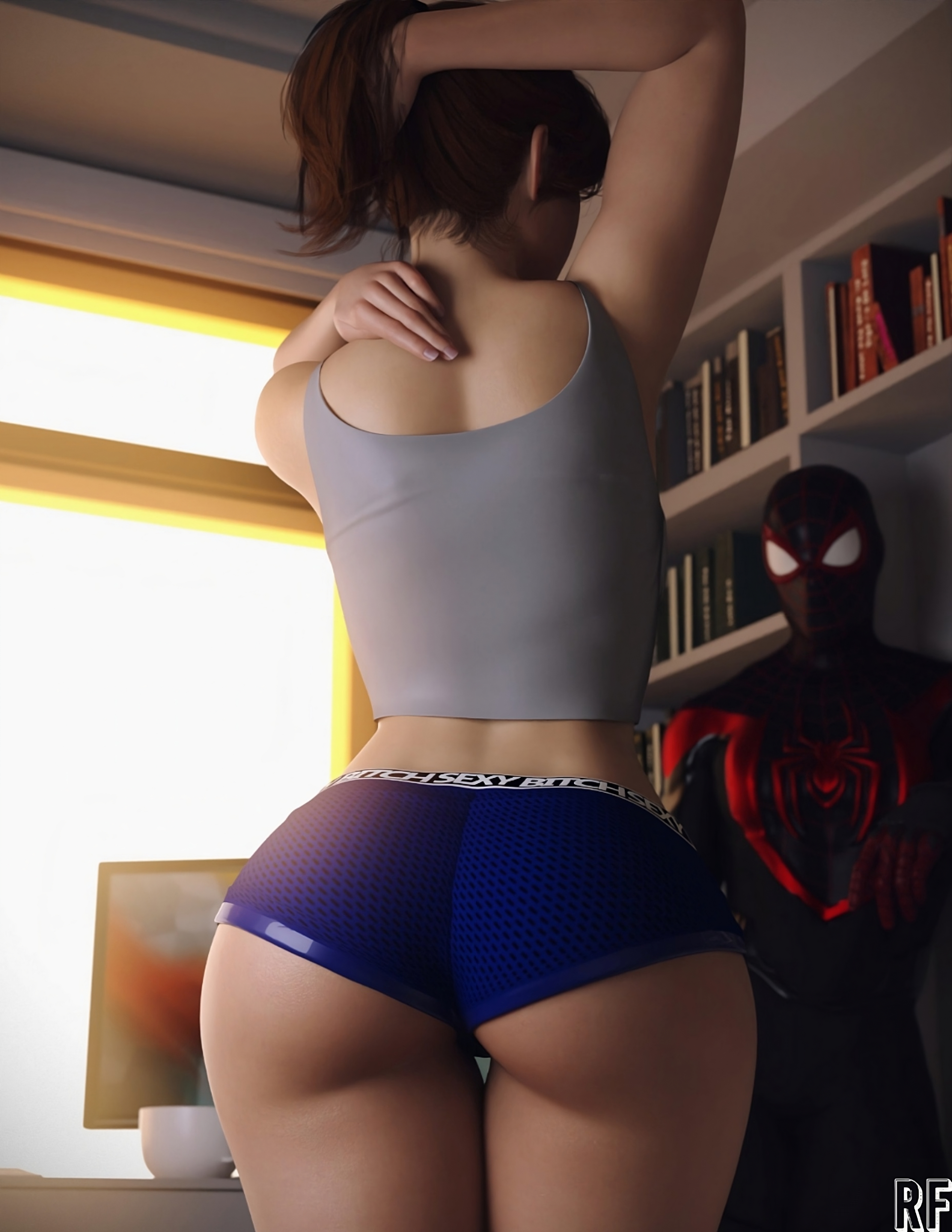 1boy, 1girls, 3d, absurd res, ass, ass focus, before sex, bimbo, booty shorts, brown hair, cheating, dark skin, dark-skinned male, fat ass, female, hi res, huge ass, human, human only, imminent sex, interracial, large ass, light skin, light-skinned female, lovers, male, marvel, marvel comics, mary jane watson, mary jane watson (insomniac), massive ass, miles morales, netorare, ntr, rude frog, short shorts, shorts, spider-man (ps4), spider-man (series), straight, thighs, unseen male face, wide hips