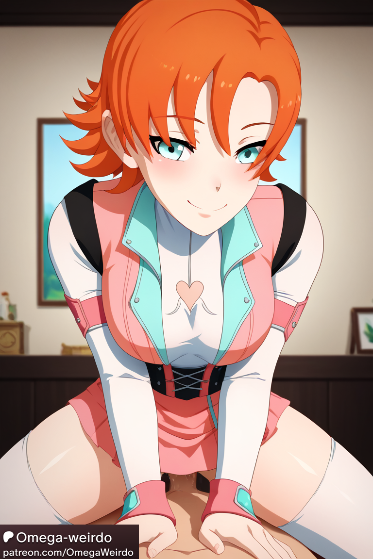 1boy, 1girls, ai generated, blue eyes, dress, female, human, male, nora valkyrie, orange hair, patreon, rwby, sex, short hair, smile, straddling