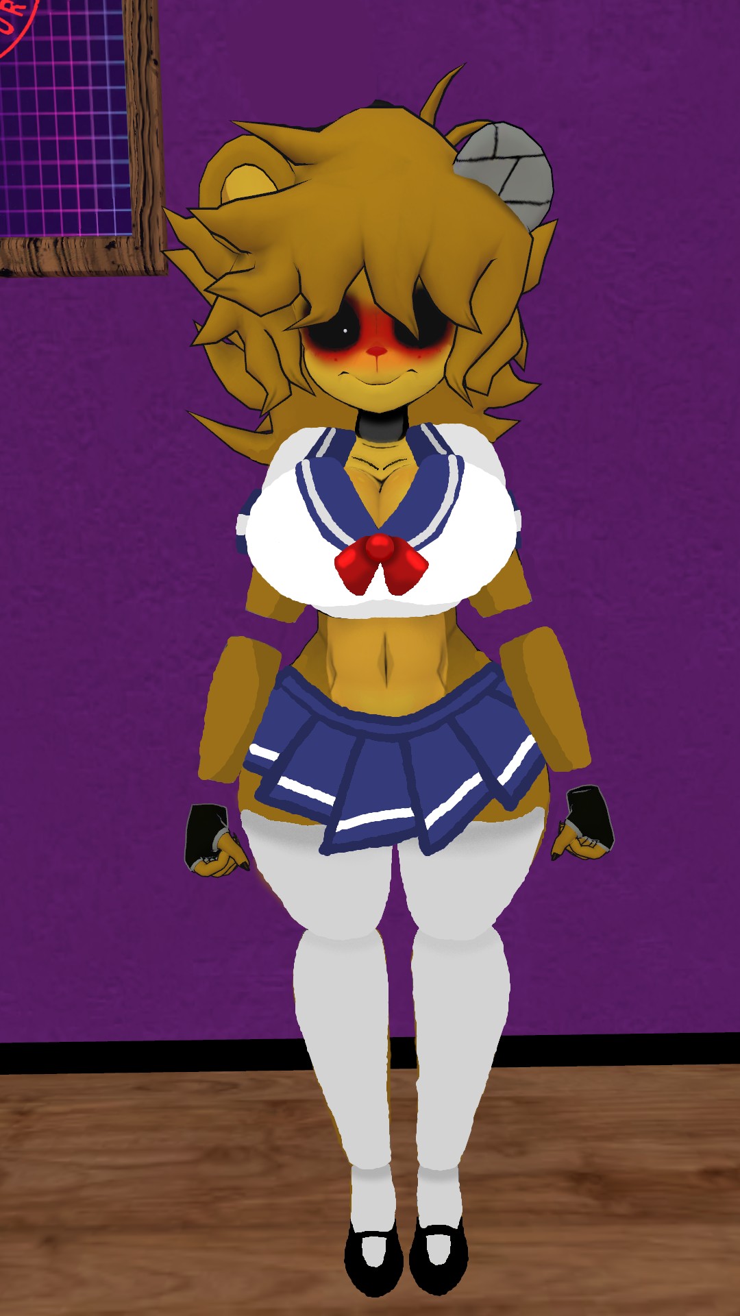 cally3d cosplay cryptiacurves embarrassed five_nights_at_freddy's fredina's_nightclub golden_freddy_(fnaf) golden_fredina_(cally3d) pose school_uniform type_0