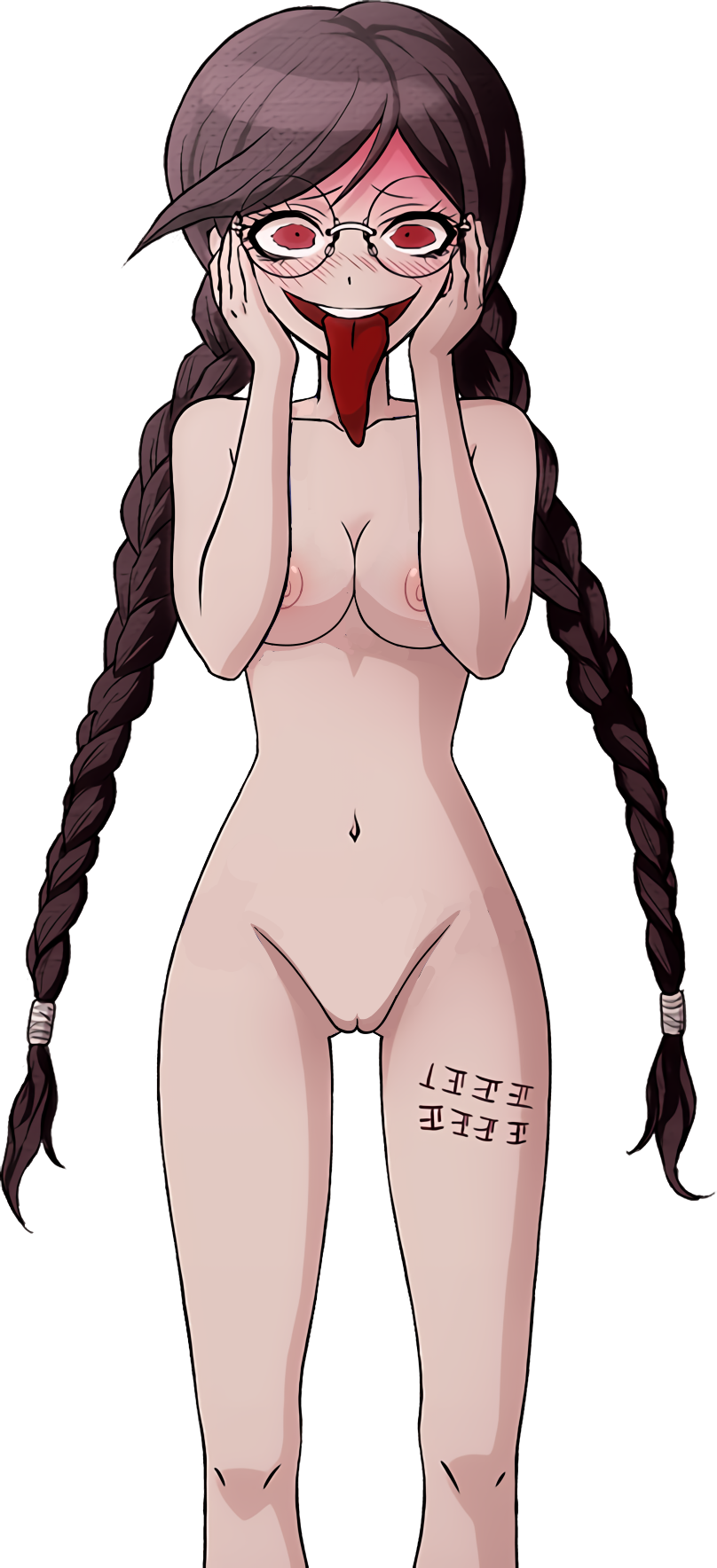 ass_visible_through_thighs bangs blush body_writing braid braided_ponytail braided_twintails breasts completely_nude completely_nude_female danganronpa danganronpa:_trigger_happy_havoc danganronpa_s:_ultimate_summer_camp edit female fukawa_touko genocider_shou glasses human kosine1777 medium_breasts nude_filter pussy sprite sprite_edit tagme tongue tongue_out transparent_background twintails