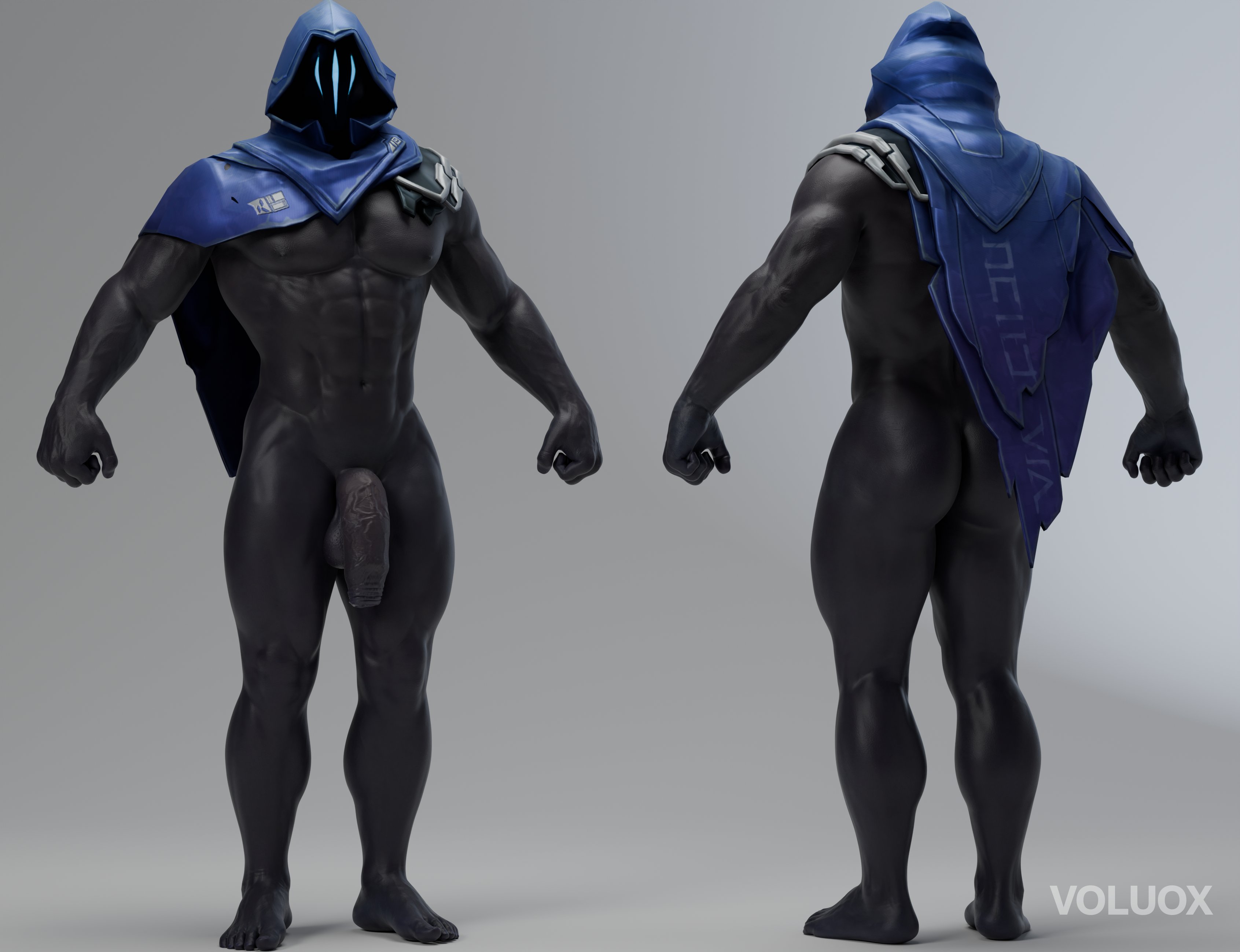 1boy, ass, back view, balls, bara, big penis, black body, black nipples, black skin, completely naked, completely nude, dark skin, dark-skinned male, foreskin, front view, male, male only, mask, masked, masked male, muscular, muscular male, naked, naked male, navel, nipples, nude, nude male, omen (valorant), penis, solo, solo male, uncircumcised, uncut, valorant, voluox, yaoi