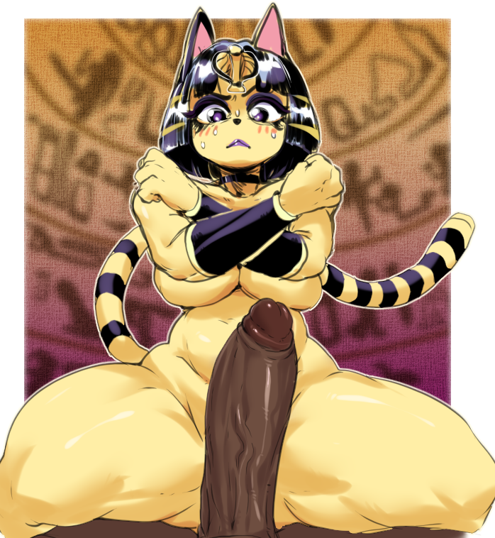 animal_crossing ankha ankha_(animal_crossing) anthro big_breasts big_penis blush bodily_fluids breasts covering covering_breasts cowgirl_position dark-skinned_male domestic_cat duo felid feline felis female female_on_top first_person_view from_front_position genitals human male male/female mammal nintendo nude on_bottom on_top penis raizengax riderx spread_legs spreading sweat thick_thighs video_games wide_hips