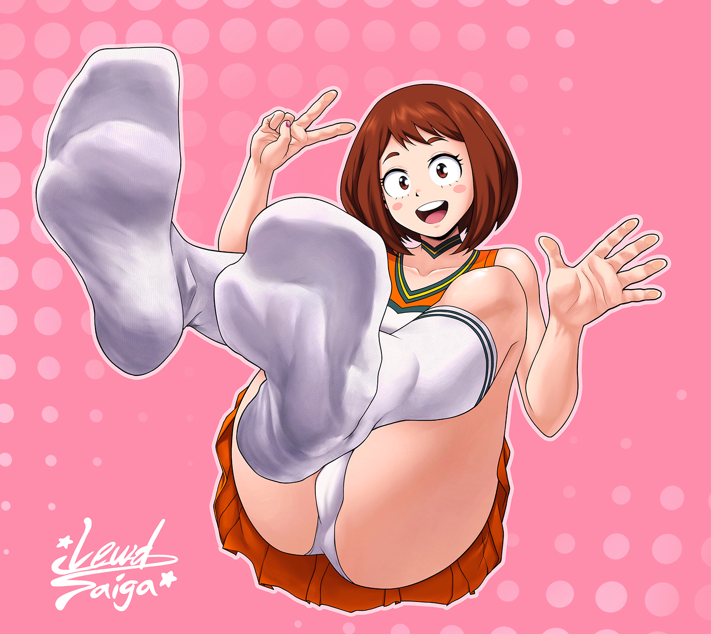1girls, big feet, brown hair, brown-haired female, cheerleader, cheerleader uniform, female, foot fetish, foot focus, kneehighs, kneesocks, lewdsaiga, my hero academia, ochako uraraka, panties, sock fetish, socks, soles, soles of feet in socks, tagme, white panties, white socks
