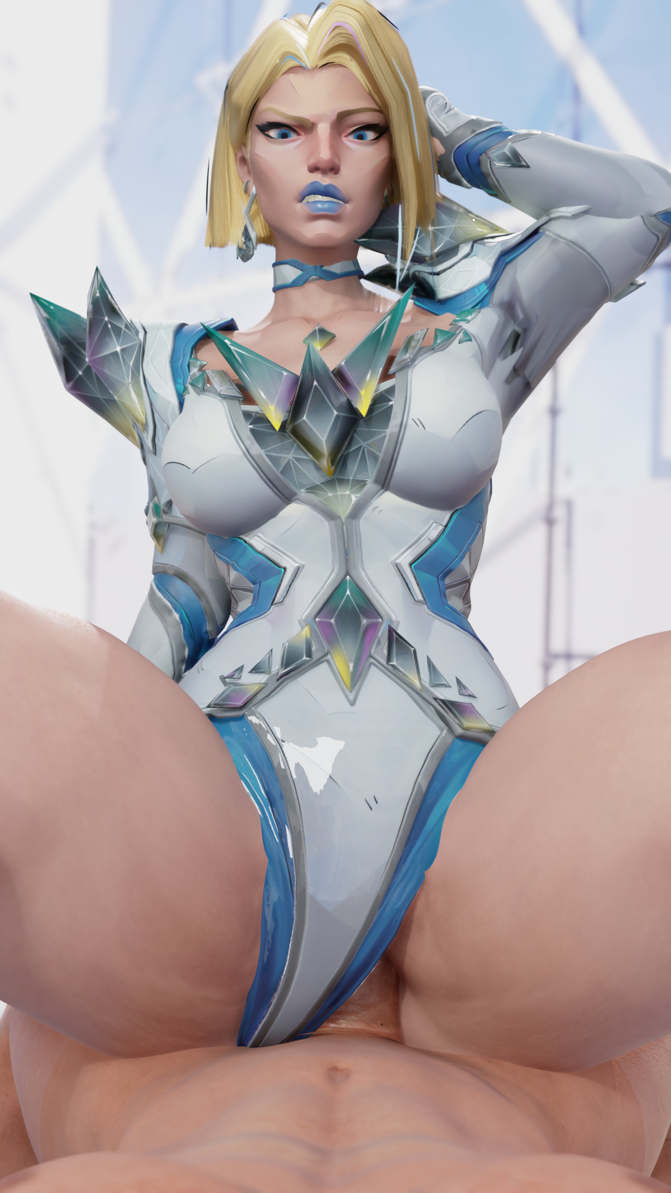 1boy, 1girls, 3d, ambiguous penetration, below view, bewyx, blonde female, blonde hair, blue lipstick, bob cut, caucasian, caucasian female, caucasian male, choker, convenient censoring, convenient censorship, cowgirl position, earrings, emma frost, emma frost (marvel rivals), female, female on top, leotard, leotard aside, looking at viewer, looking down, low-angle view, male, male pov, marvel, marvel comics, marvel rivals, one eyebrow raised, one hand behind head, one hand up, penis, pov, riding, riding penis, sex, thick legs, thick thighs, thighs, viewed from below, x-men