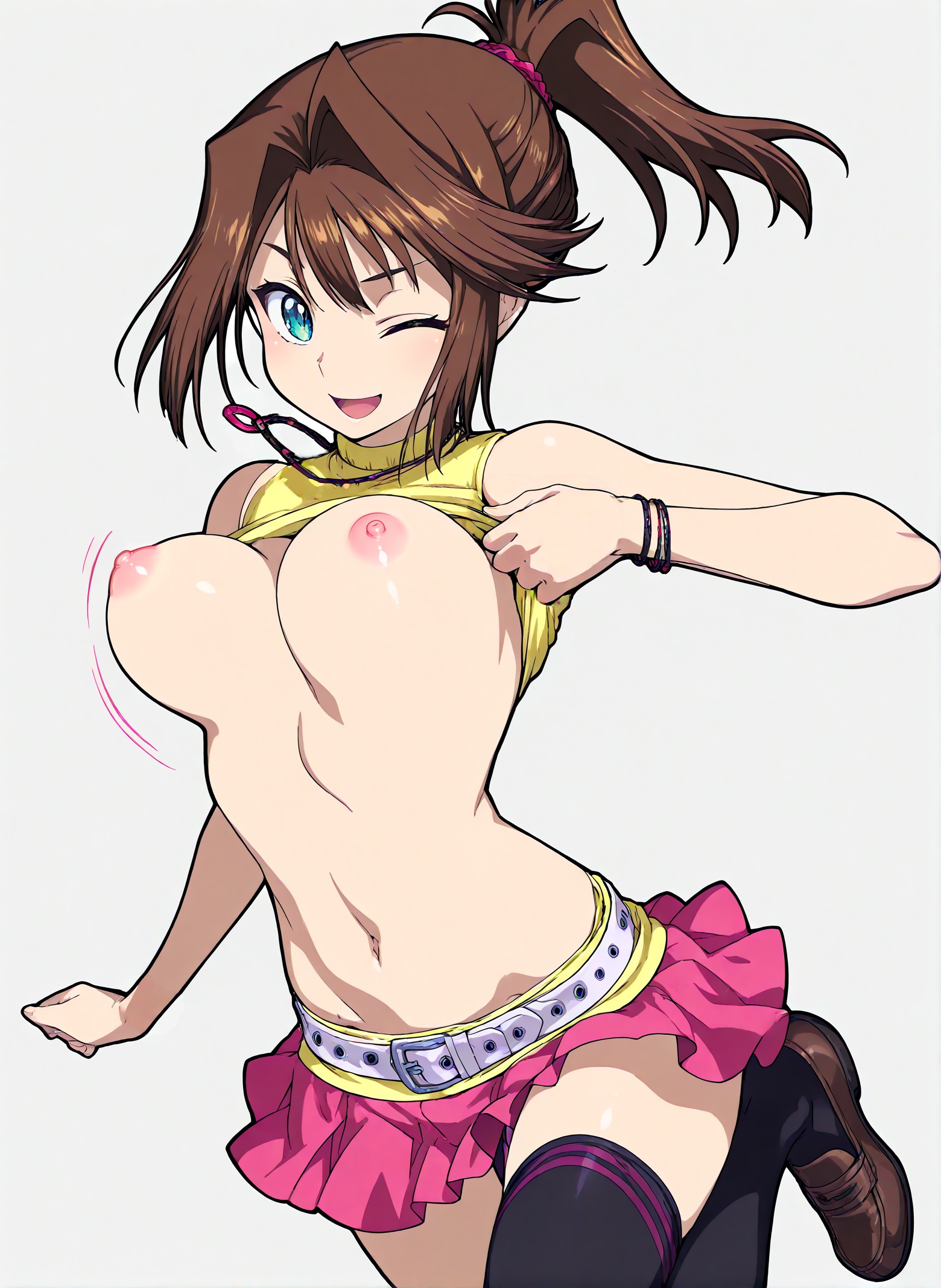 bouncing breasts, breasts, brown hair, female, large breasts, looking at viewer, mazaki anzu, navel, necklace, nipples, no bra, open mouth, ponytail, shirt lift, tea gardner, tea gardner (yu-gi-oh! the dark side of dimensions), wink, winking at viewer, yu-gi-oh!, yu-gi-oh! duel links, yu-gi-oh! the dark side of dimensions