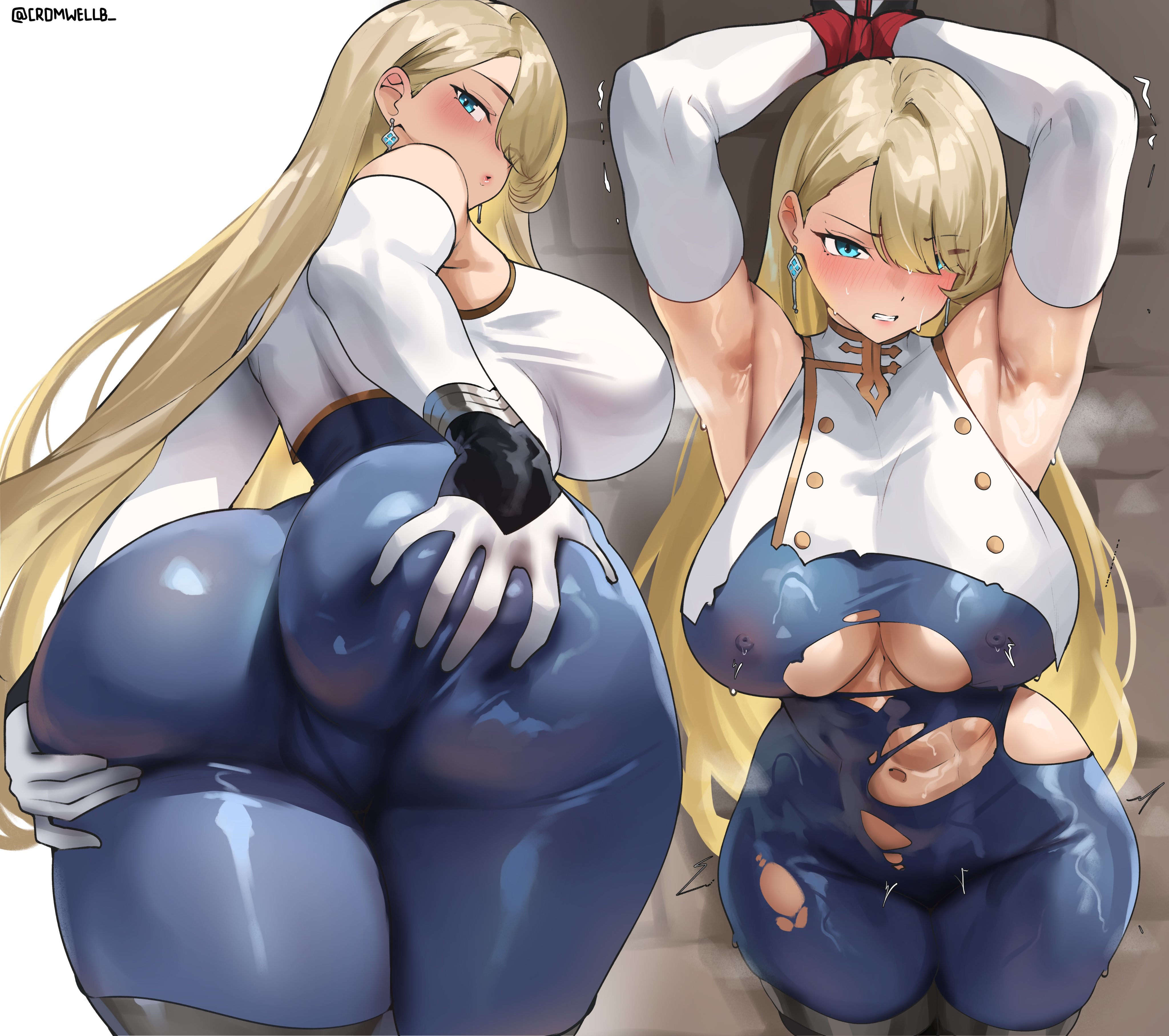 1girls, abs, armpit, armpit crease, armpit fetish, armpits, armwear, ass, ass focus, ass grab, big breasts, blonde female, blonde hair, blush, breasts, brown dust (series), brown dust 2, covered abs, cromwellb, curvy figure, fat ass, female, female abs, female only, gloves, grabbing ass, grabbing own ass, huge ass, huge butt, large ass, large butt, light skin, light-skinned female, mostly clothed, muscular, muscular female, partially clothed, queen, ripped clothing, royal, royalty, snowbunny, steamy armpits, sweat, tagme, thick, thick ass, thick thighs, toned, toned female, torn clothes, torn clothing, wilhelmina (brown dust), wilhelmina stretch (meme)