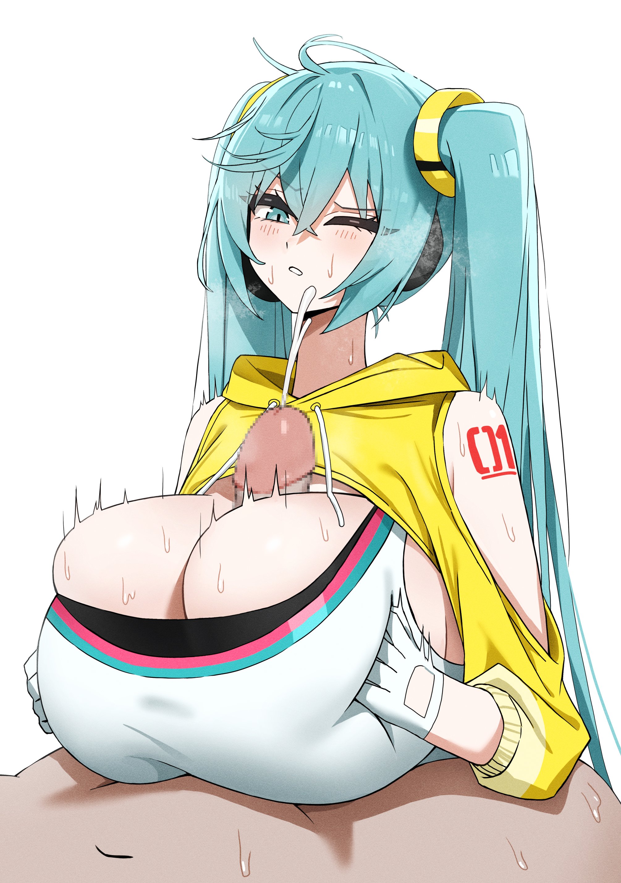 1boy, 1girl, alternate breast size, aqua eyes, aqua hair, bangs, bare shoulders, blue eyes, blush, breasts, breasts squeezed together, censored, censored penis, cleavage, clothed, clothed female nude male, clothing cutout, cum, ejaculation, female, gloves, hair between eyes, hair ornament, hatsune miku, headphones, hetero, hood, hoodie, huge breasts, huge cock, long hair, male, mosaic censoring, motion lines, navel, nude, number tattoo, one eye closed, paizuri, paizuri under clothes, parted lips, penis, projectile cum, simple background, solo focus, sweat, tattoo, titjob, twintails, upper body, very long hair, vocaloid, white background, white gloves