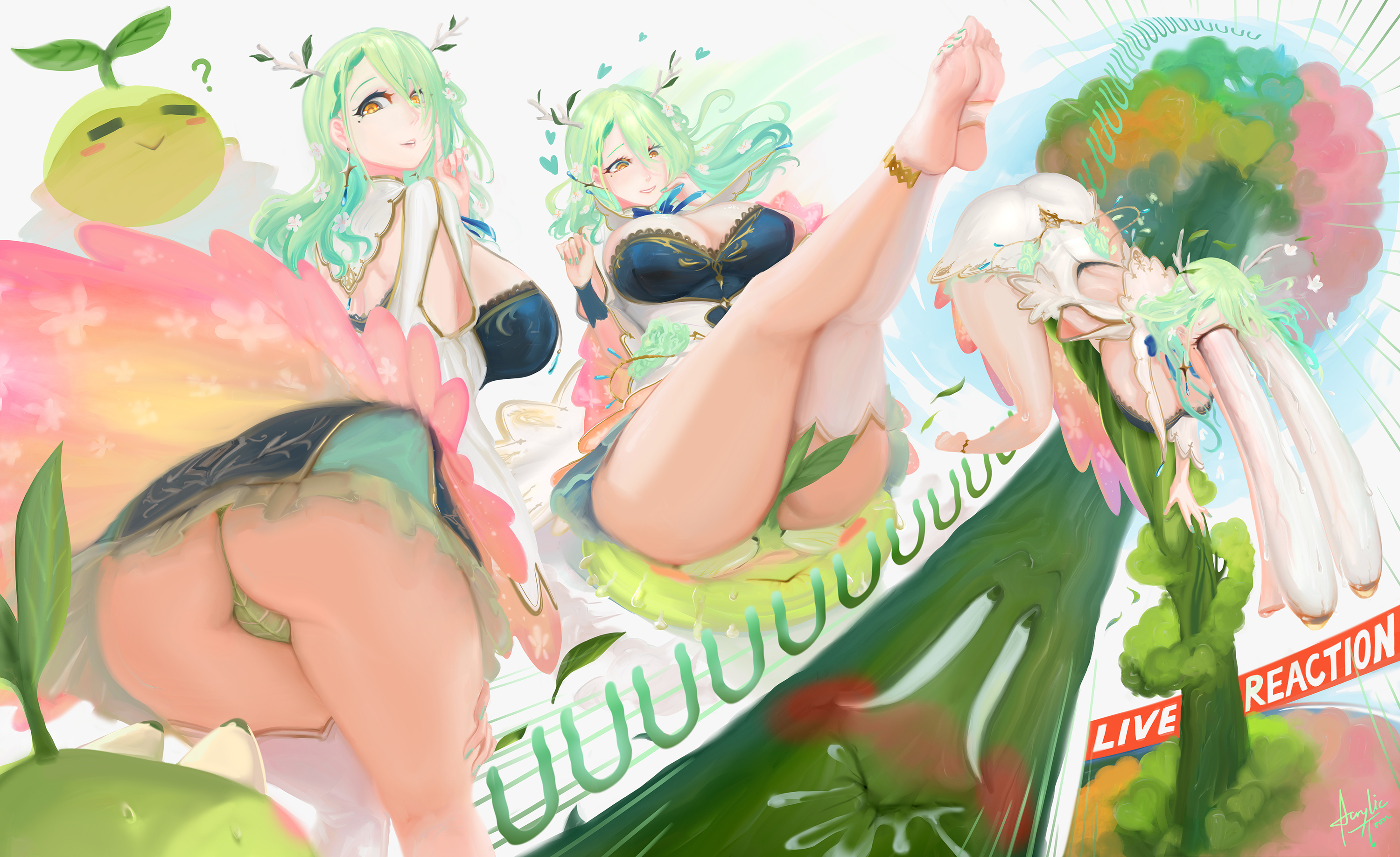 acrylictoon, ass, awooga, breasts, ceres fauna, feet, female, green hair, hololive, hololive english, hololive english -council-, hololive english -promise-, looking back, soles, virtual youtuber