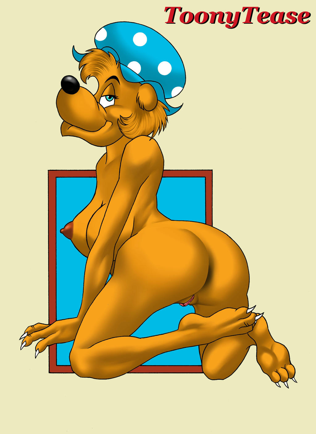 anthro ass bear berenstain_bears brown_fur claws female furry hat hat_only kneeling large_breasts looking_back mama_bear mama_bear_(the_berenstain_bears) nude toonytease